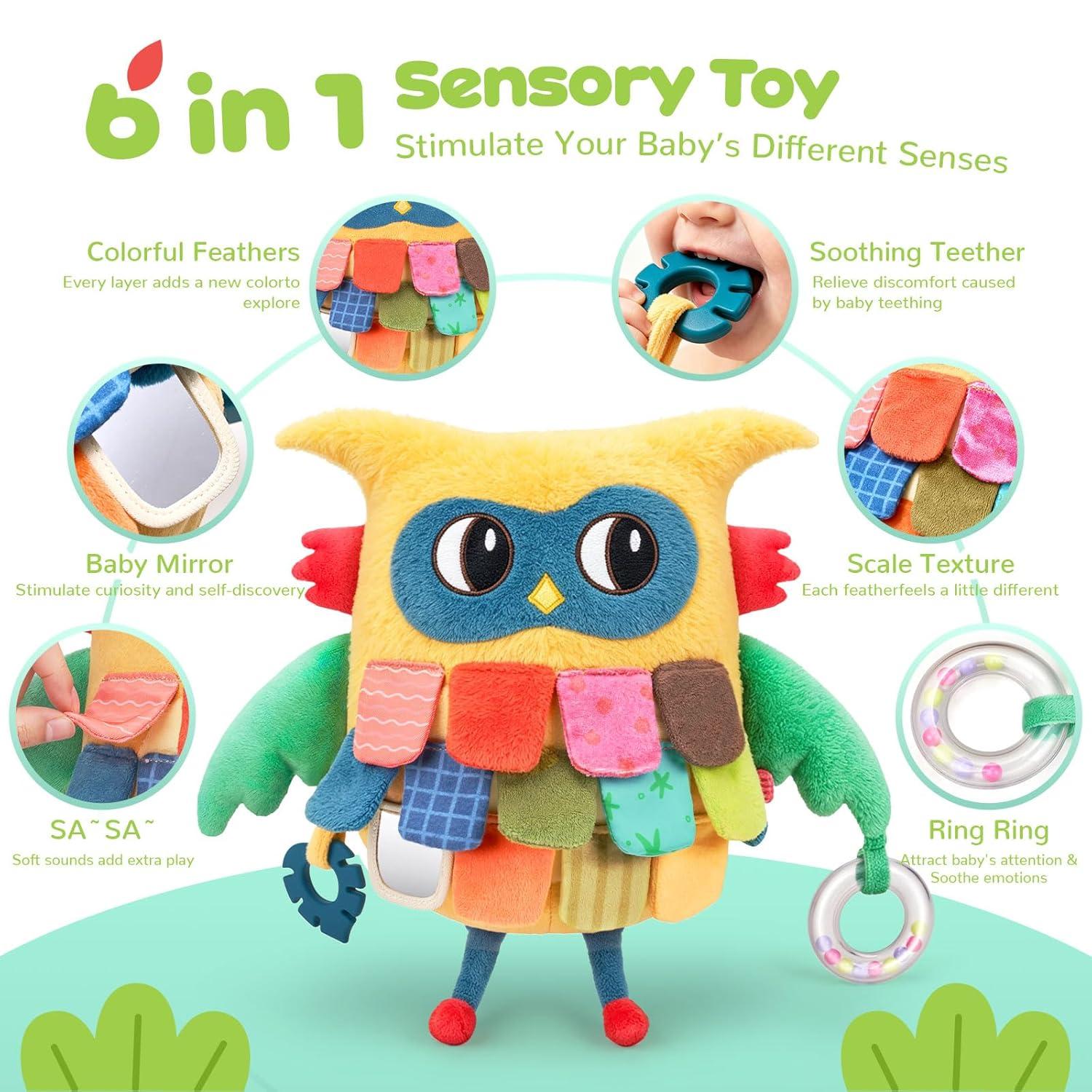 JoyCat Sensory Owl Baby Toy for 0-12 Months, 12Soft Tummy Time Infant Toy with Multi-Textured Crinkle Feathers, Baby Mirror, Stuffed Animal Plush Montessori Gifts for Newborn Boys and Girls(High-contrast Yellow & Green)
