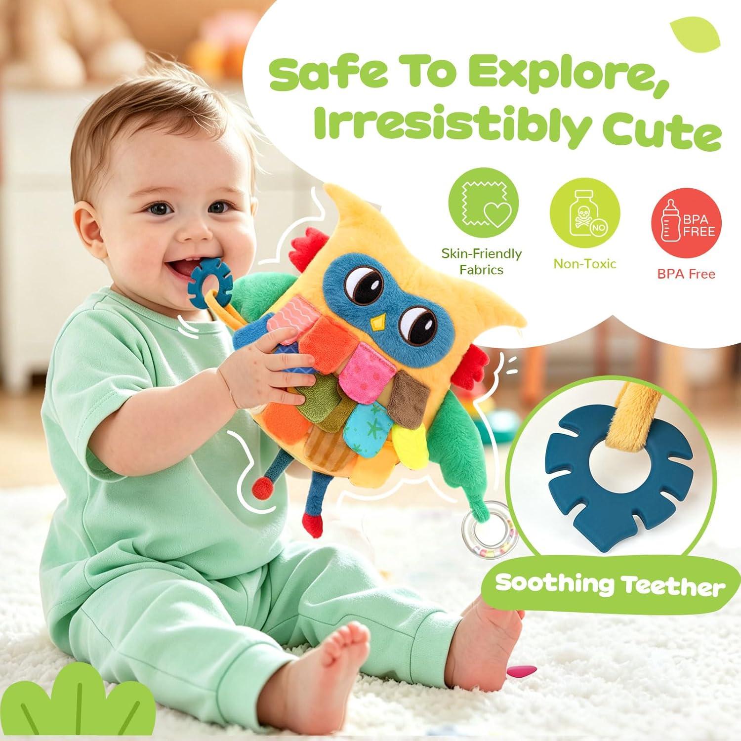 JoyCat Sensory Owl Baby Toy for 0-12 Months, 12Soft Tummy Time Infant Toy with Multi-Textured Crinkle Feathers, Baby Mirror, Stuffed Animal Plush Montessori Gifts for Newborn Boys and Girls(High-contrast Yellow & Green)