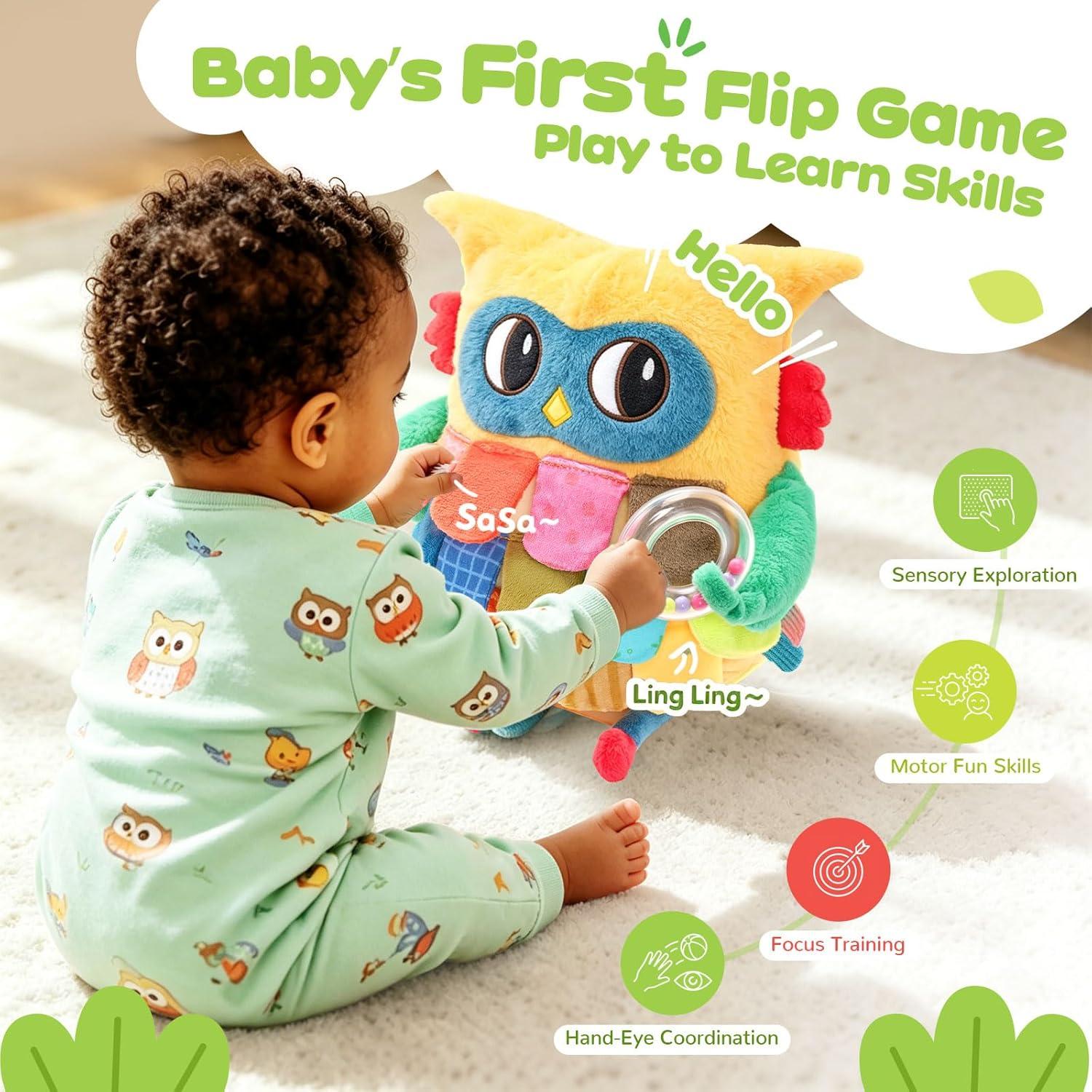 JoyCat Sensory Owl Baby Toy for 0-12 Months, 12Soft Tummy Time Infant Toy with Multi-Textured Crinkle Feathers, Baby Mirror, Stuffed Animal Plush Montessori Gifts for Newborn Boys and Girls(High-contrast Yellow & Green)