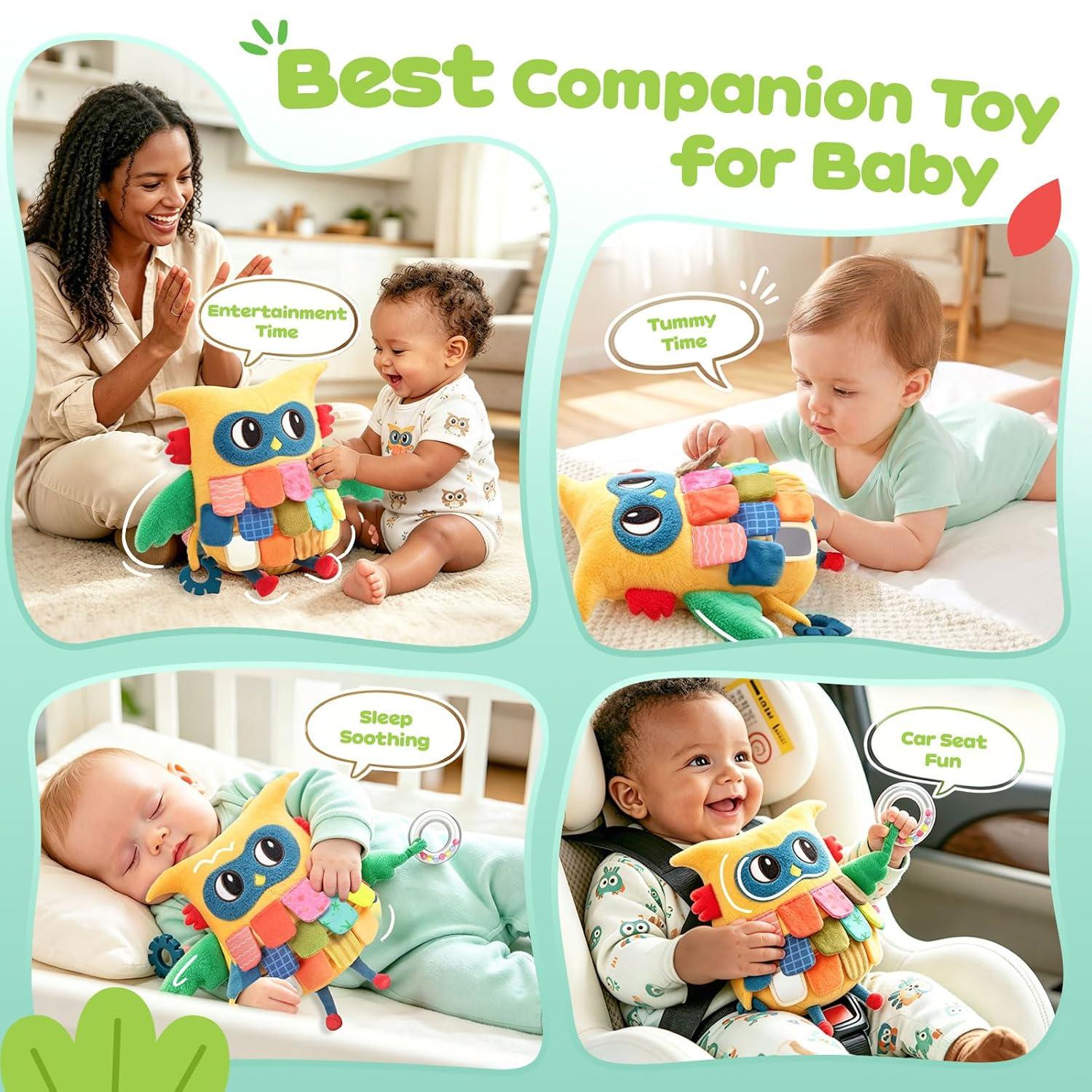 JoyCat Sensory Owl Baby Toy for 0-12 Months, 12Soft Tummy Time Infant Toy with Multi-Textured Crinkle Feathers, Baby Mirror, Stuffed Animal Plush Montessori Gifts for Newborn Boys and Girls(High-contrast Yellow & Green)