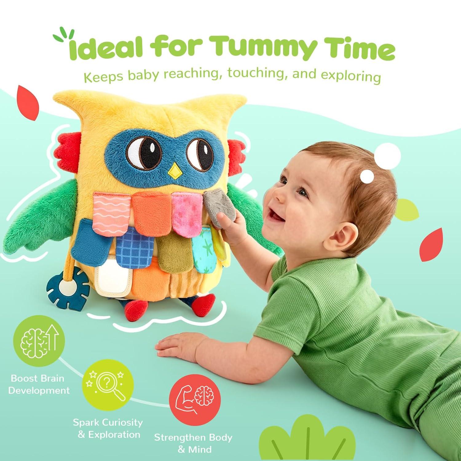 JoyCat Sensory Owl Baby Toy for 0-12 Months, 12Soft Tummy Time Infant Toy with Multi-Textured Crinkle Feathers, Baby Mirror, Stuffed Animal Plush Montessori Gifts for Newborn Boys and Girls(High-contrast Yellow & Green)