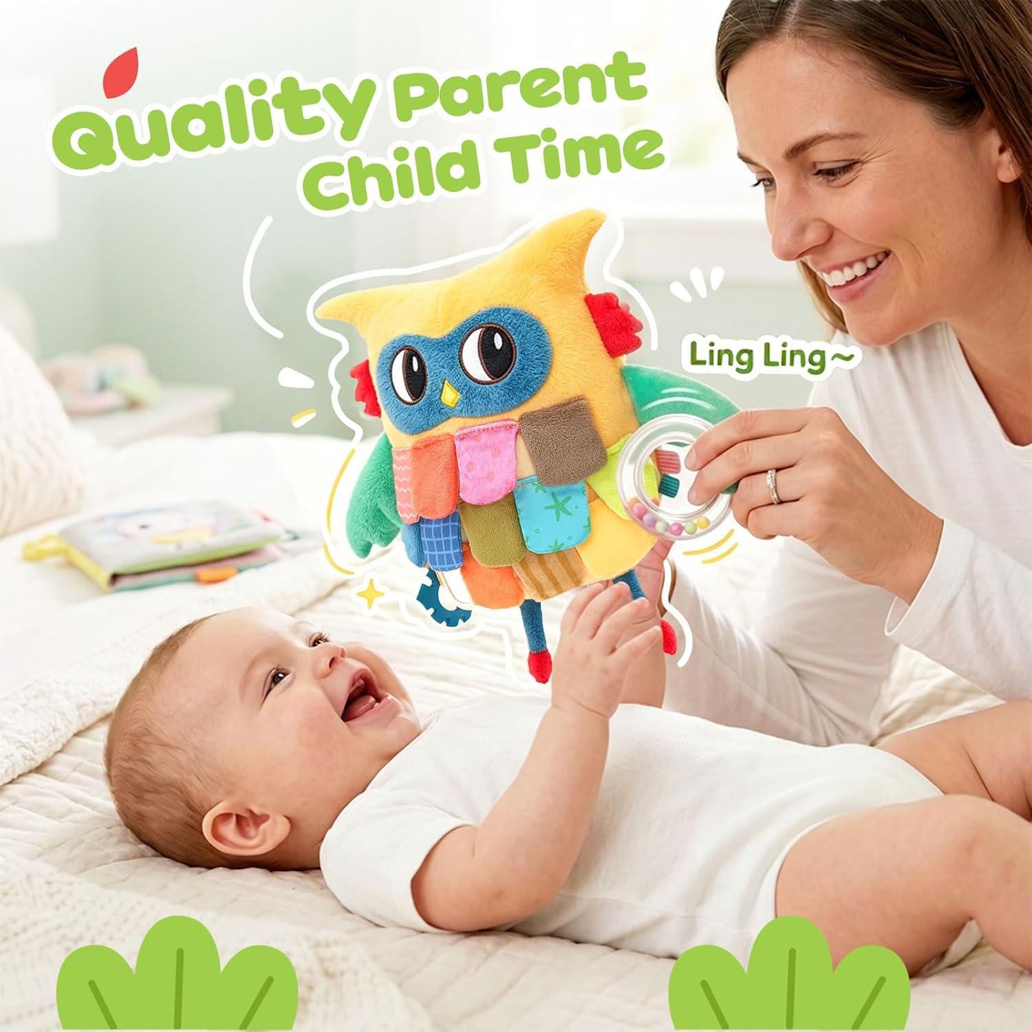 JoyCat Sensory Owl Baby Toy for 0-12 Months, 12Soft Tummy Time Infant Toy with Multi-Textured Crinkle Feathers, Baby Mirror, Stuffed Animal Plush Montessori Gifts for Newborn Boys and Girls(High-contrast Yellow & Green)