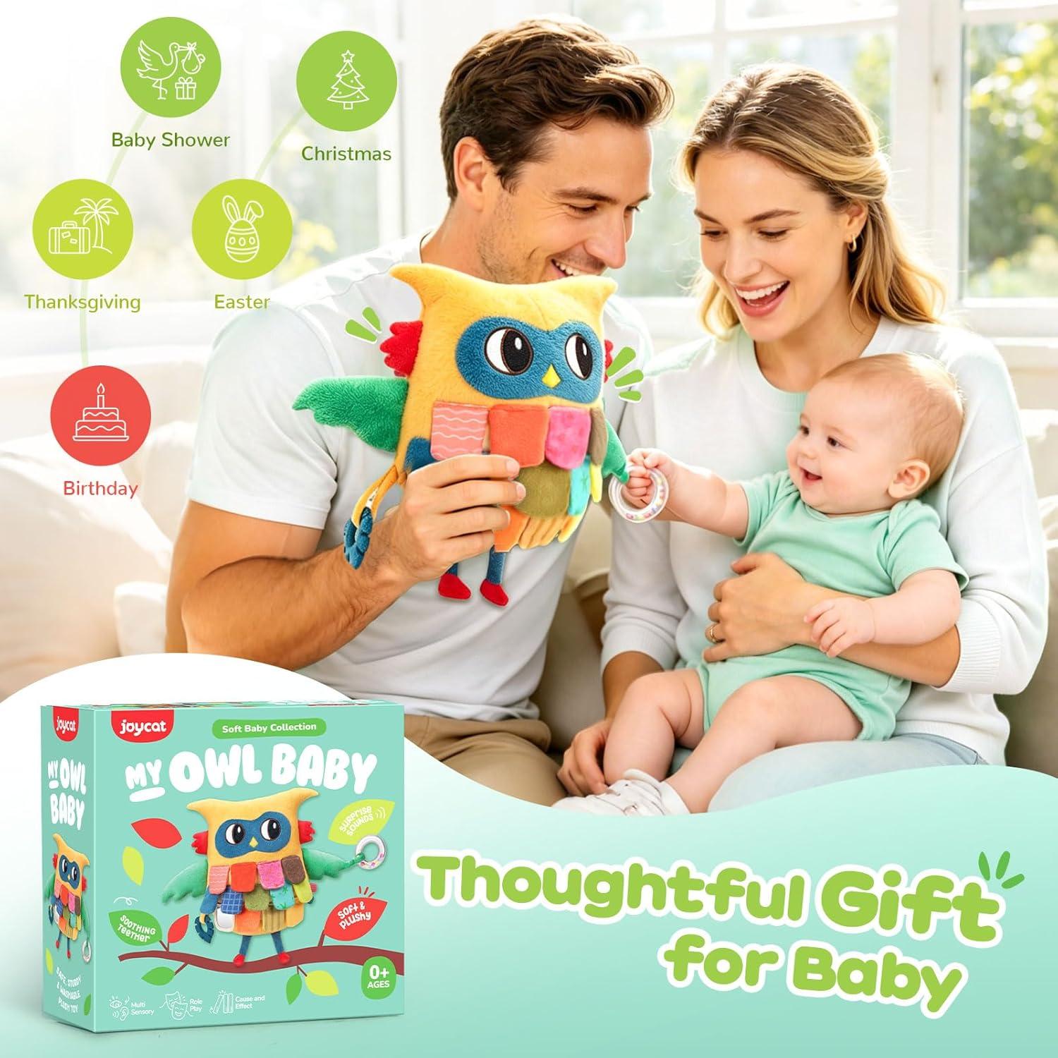 JoyCat Sensory Owl Baby Toy for 0-12 Months, 12Soft Tummy Time Infant Toy with Multi-Textured Crinkle Feathers, Baby Mirror, Stuffed Animal Plush Montessori Gifts for Newborn Boys and Girls(High-contrast Yellow & Green)