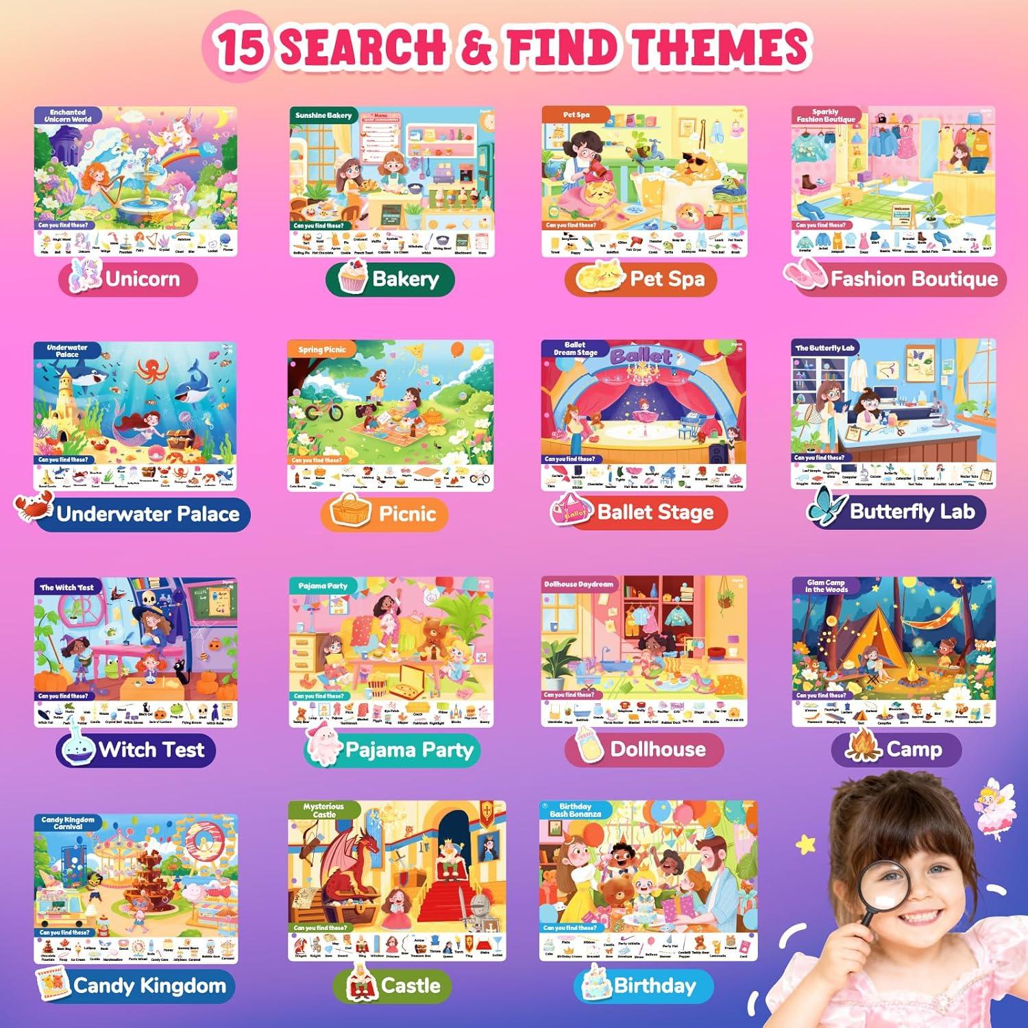 JoyCat Search and Find Activity Books, Preschool Learning Game Activities for Toddlers & Kids Ages 3-5, Travel Toys for Road Trip Car Airplane, Birthday Gifts for Girls and Boys 4-8(Girl Themes)
