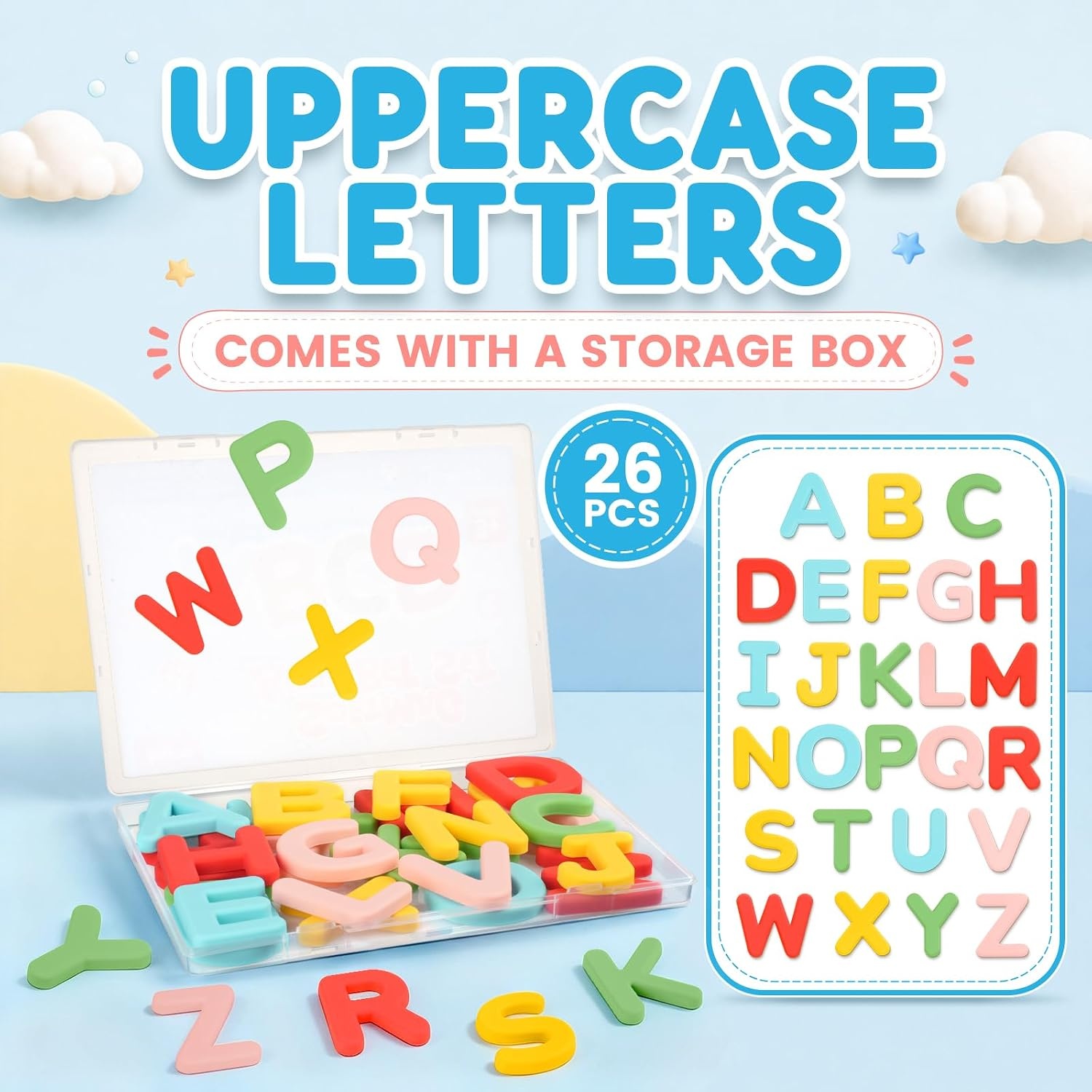 JoyCat Silicone Magnetic Alphabet Letters, 26 Uppercase ABC Fridge Magnets for Toddlers & Kids, Preschool Learning Refrigerator Toy Set, Birthday Gifts for Boys and Girls (Sunny Color)(Joy)