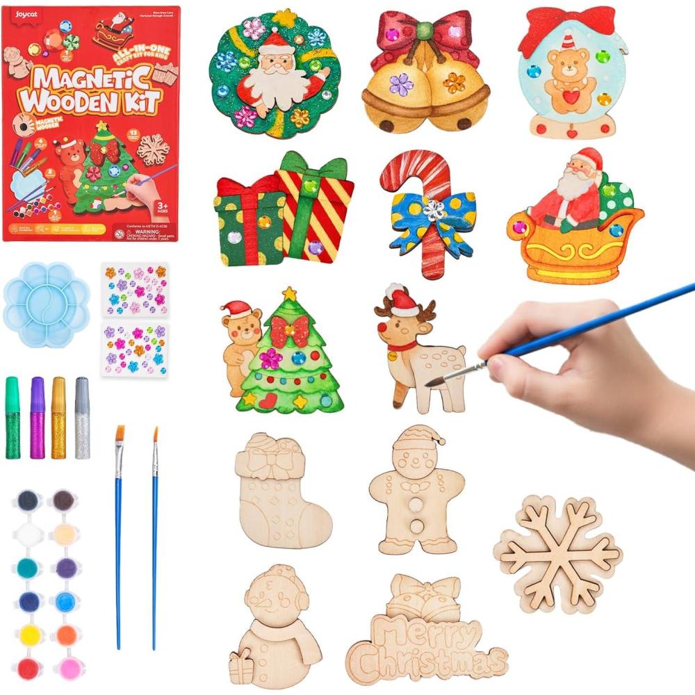 JoyCat DIY Wooden Magnets Kit, 13 Pcs Nature Art Supplies, Painting Kit, Arts and Crafts for Kids Ages 4-8 8-12, Party Favors, Christmas Crafts, Birthday Gifts, Toys for Boys Girls(Christmas)