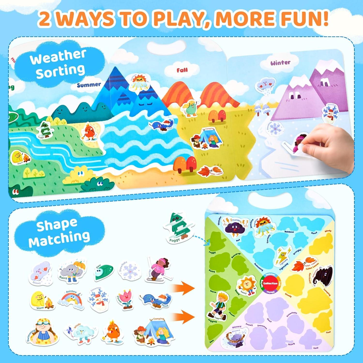 JoyCat Reusable Sticker Book Set (3-Pack): Unicorn, Fairies, Mermaid – 90 Pcs Stickers for Toddlers, Kids Sticker Activity Book, Road Trip Travel Toys, Party Favors, Birthday Gifts for Baby Girls(Weather)