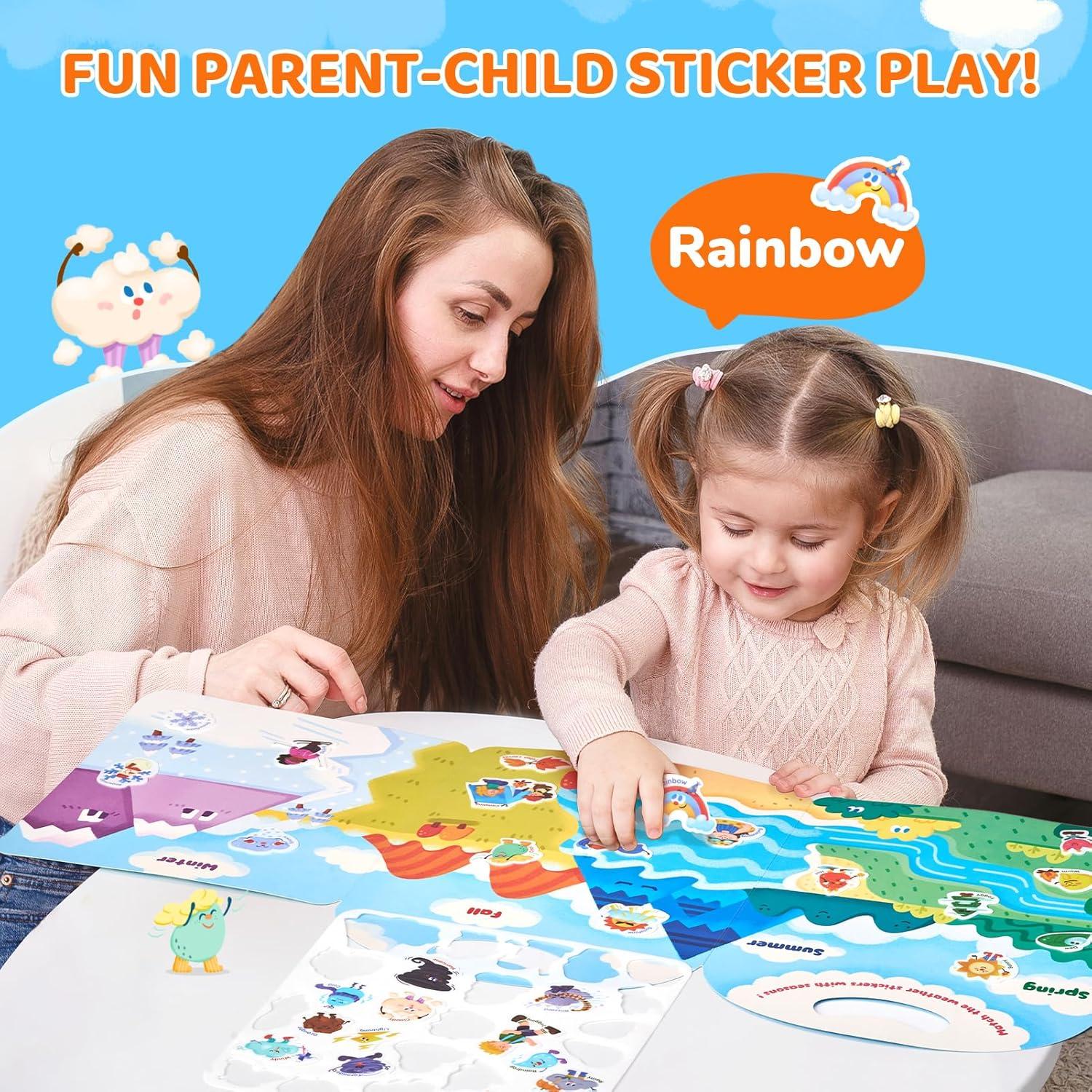 JoyCat Reusable Sticker Book Set (3-Pack): Unicorn, Fairies, Mermaid – 90 Pcs Stickers for Toddlers, Kids Sticker Activity Book, Road Trip Travel Toys, Party Favors, Birthday Gifts for Baby Girls(Weather)