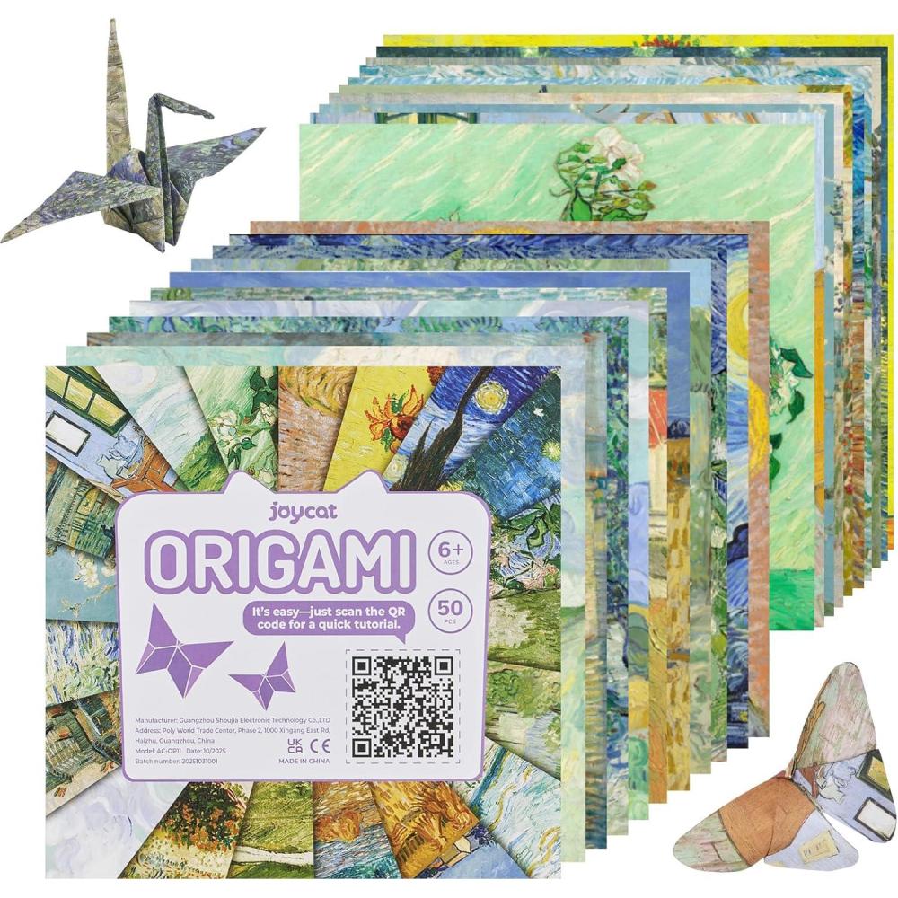JoyCat Origami Papers, 6×6 Inches – Floral & Botanical Origami Paper – 50 Sheets Double-Sided Vintage Flower Patterns, Retro Nature Folding Paper for Scrapbooking(Van Gogh’s Art)