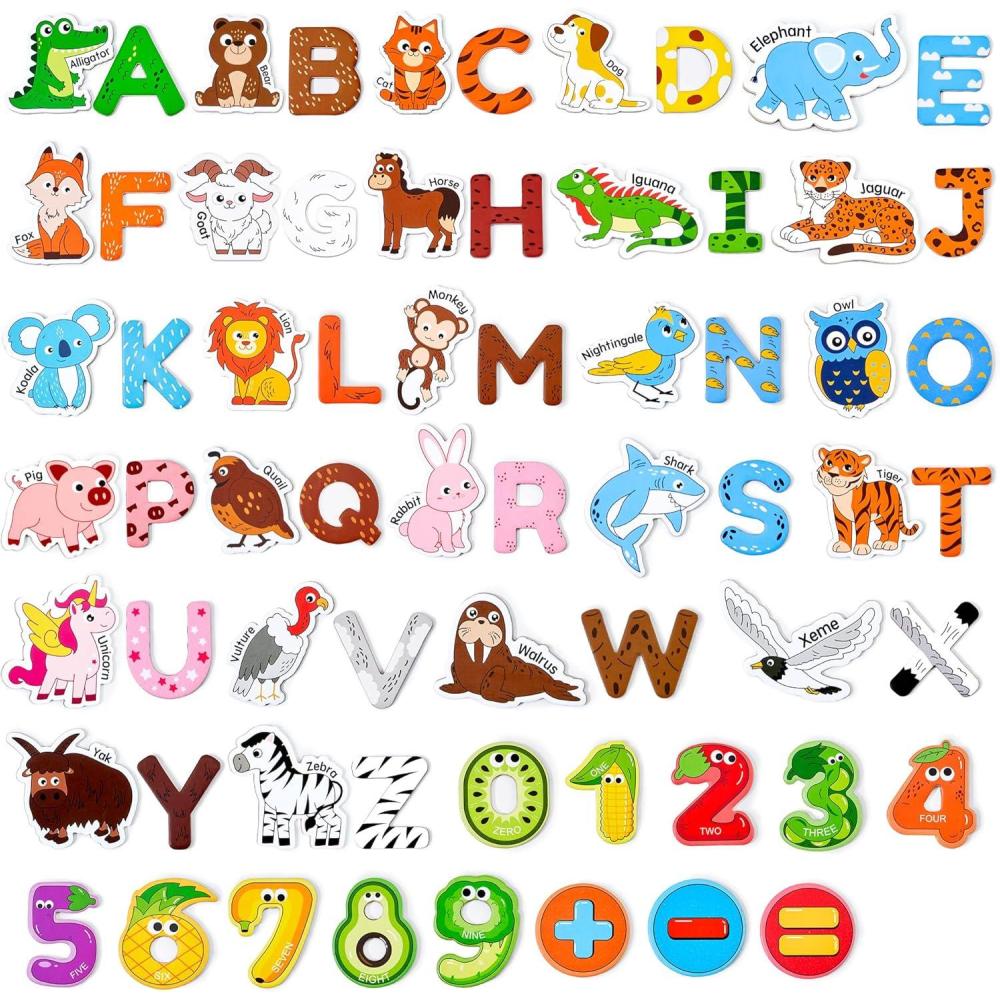JoyCat Wooden Kids Magnets – 26 Cute Animals, Alphabet Uppercase Letters, and 0-9 Numbers, Fridge Magnets for Toddlers, Fun Educational Spelling Learning Gift for Toddlers & Kids(Animals+Letters+Numbers)