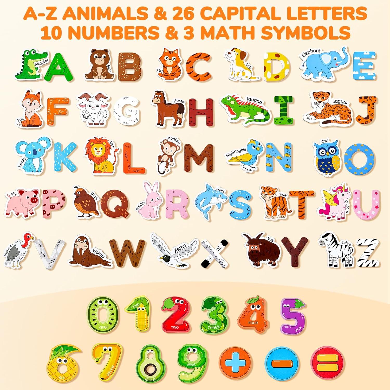 JoyCat Wooden Kids Magnets – 26 Cute Animals, Alphabet Uppercase Letters, and 0-9 Numbers, Fridge Magnets for Toddlers, Fun Educational Spelling Learning Gift for Toddlers & Kids(Animals+Letters+Numbers)