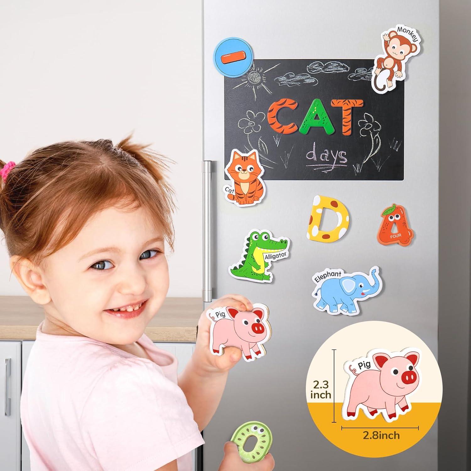 JoyCat Wooden Kids Magnets – 26 Cute Animals, Alphabet Uppercase Letters, and 0-9 Numbers, Fridge Magnets for Toddlers, Fun Educational Spelling Learning Gift for Toddlers & Kids(Animals+Letters+Numbers)