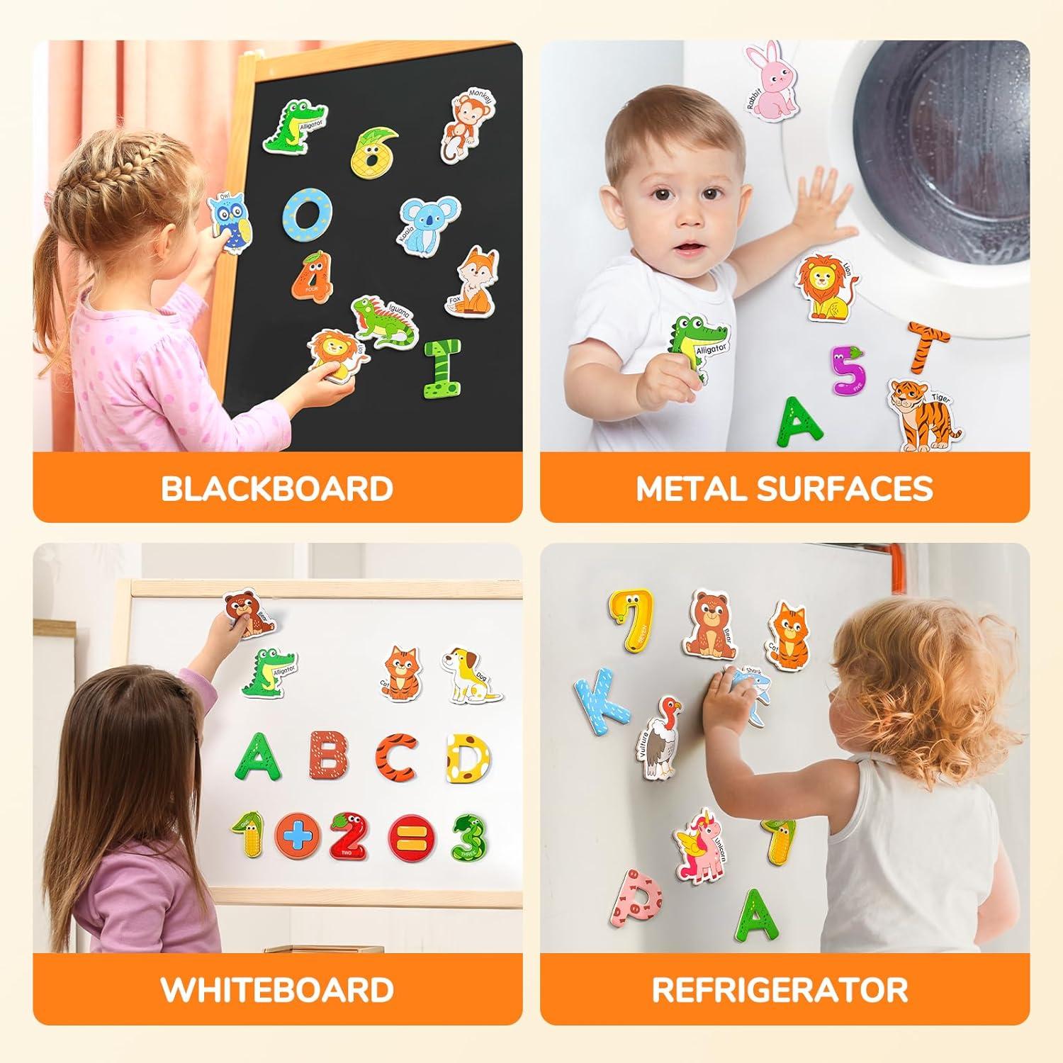 JoyCat Wooden Kids Magnets – 26 Cute Animals, Alphabet Uppercase Letters, and 0-9 Numbers, Fridge Magnets for Toddlers, Fun Educational Spelling Learning Gift for Toddlers & Kids(Animals+Letters+Numbers)