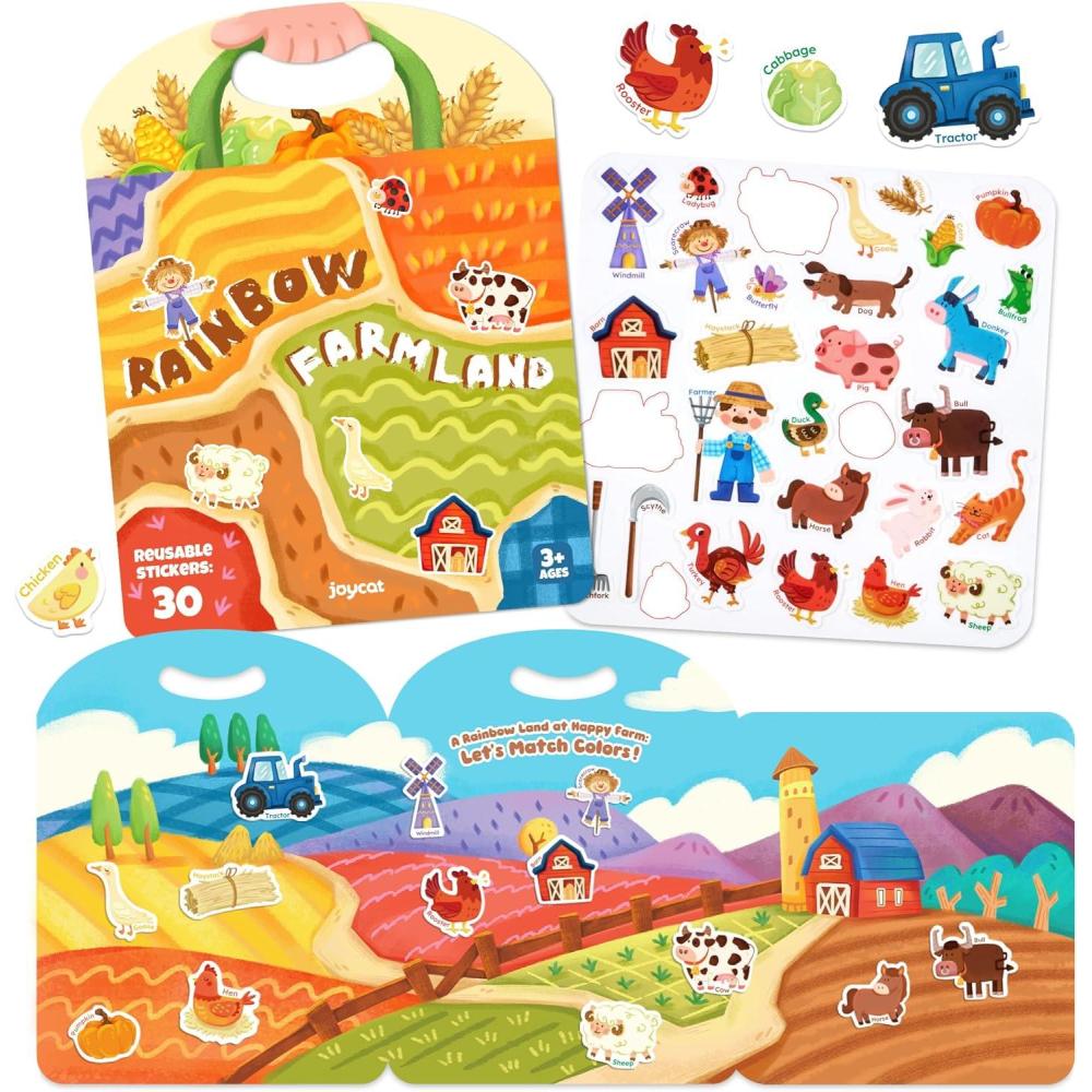 JoyCat Reusable Sticker Book Set (3-Pack): Farm, Pizza-Making, Weather – 90 Pcs Stickers for Toddlers, Kids Sticker Activity Book, Road Trip Travel Toys, Birthday Gifts for Boys and Girls(Farm)