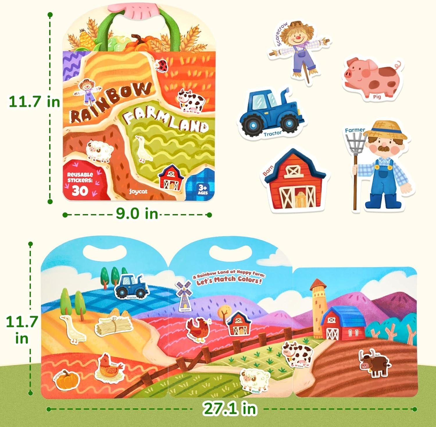 JoyCat Reusable Sticker Book Set (3-Pack): Farm, Pizza-Making, Weather – 90 Pcs Stickers for Toddlers, Kids Sticker Activity Book, Road Trip Travel Toys, Birthday Gifts for Boys and Girls(Farm)