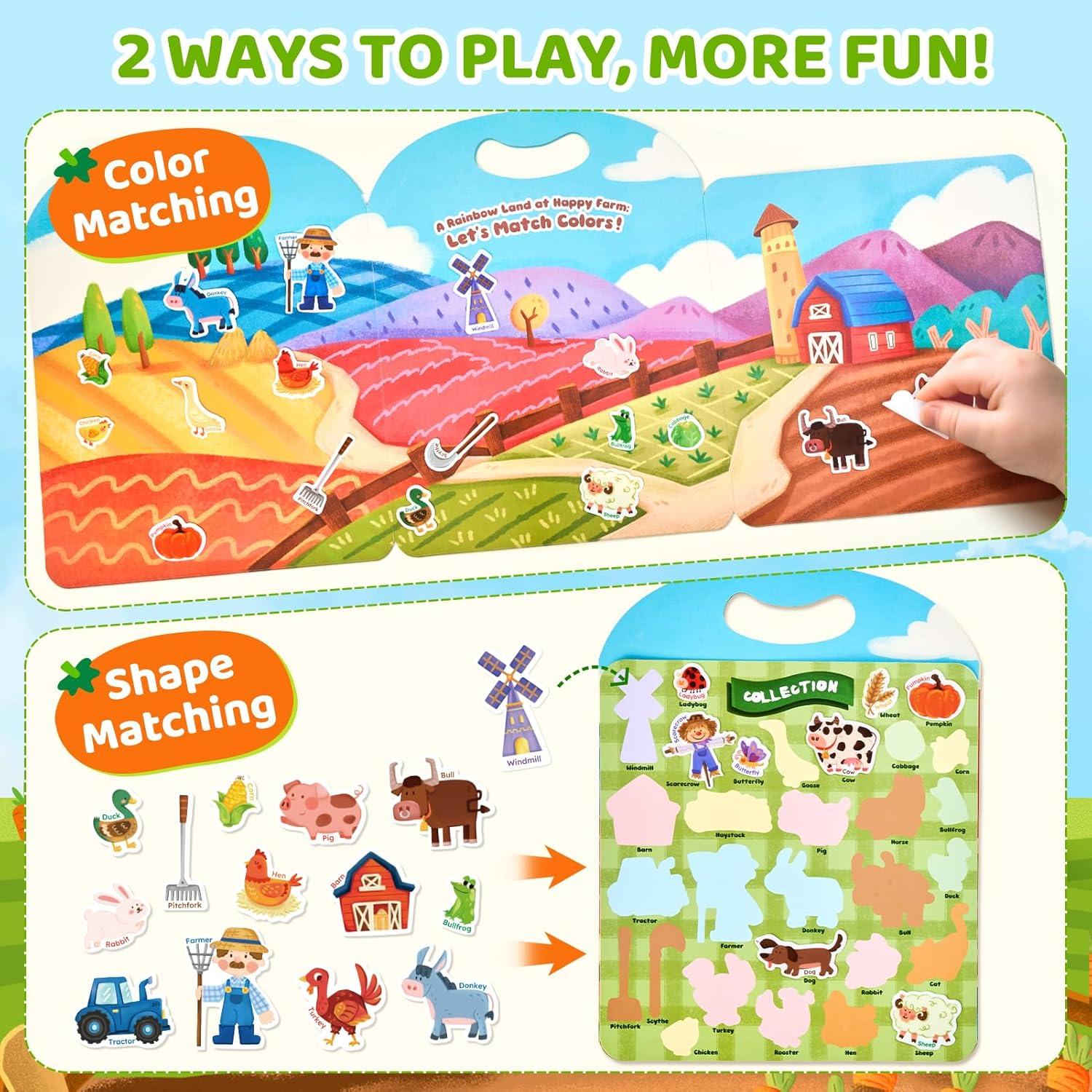 JoyCat Reusable Sticker Book Set (3-Pack): Farm, Pizza-Making, Weather – 90 Pcs Stickers for Toddlers, Kids Sticker Activity Book, Road Trip Travel Toys, Birthday Gifts for Boys and Girls(Farm)