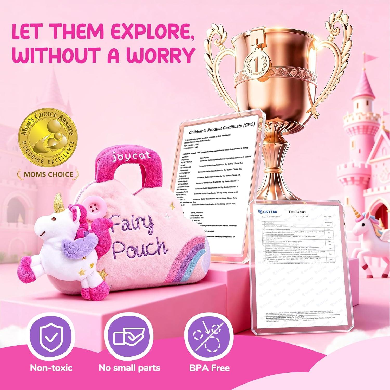 JoyCat My First Purse for Toddler Girls 1-3, 5 PCS Plush Unicorn Pretend Play Set with Lipstick, Perfume, Palette & Star Key, Soft Sensory Easter Basket Gifts for Girls