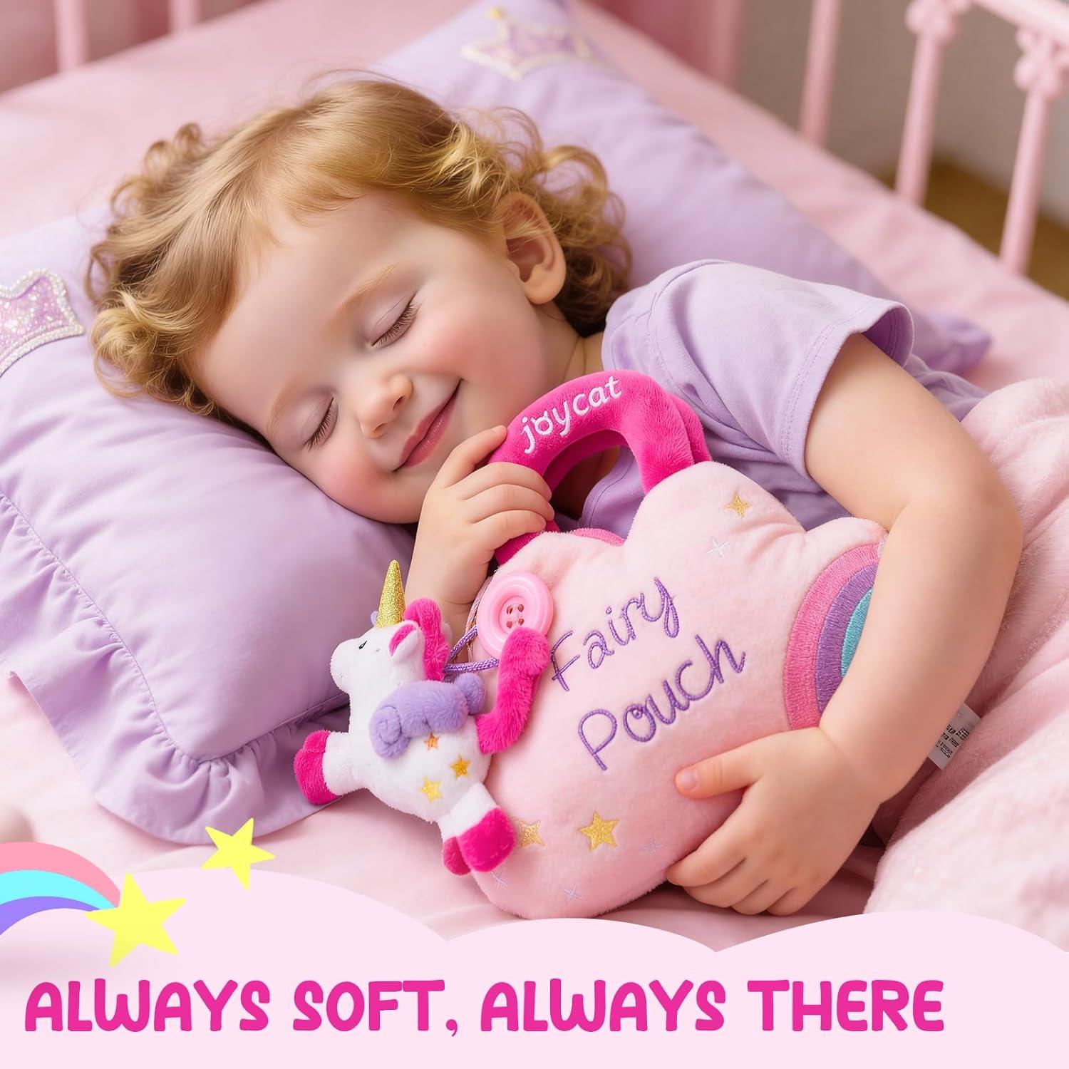 JoyCat My First Purse for Toddler Girls 1-3, 5 PCS Plush Unicorn Pretend Play Set with Lipstick, Perfume, Palette & Star Key, Soft Sensory Easter Basket Gifts for Girls