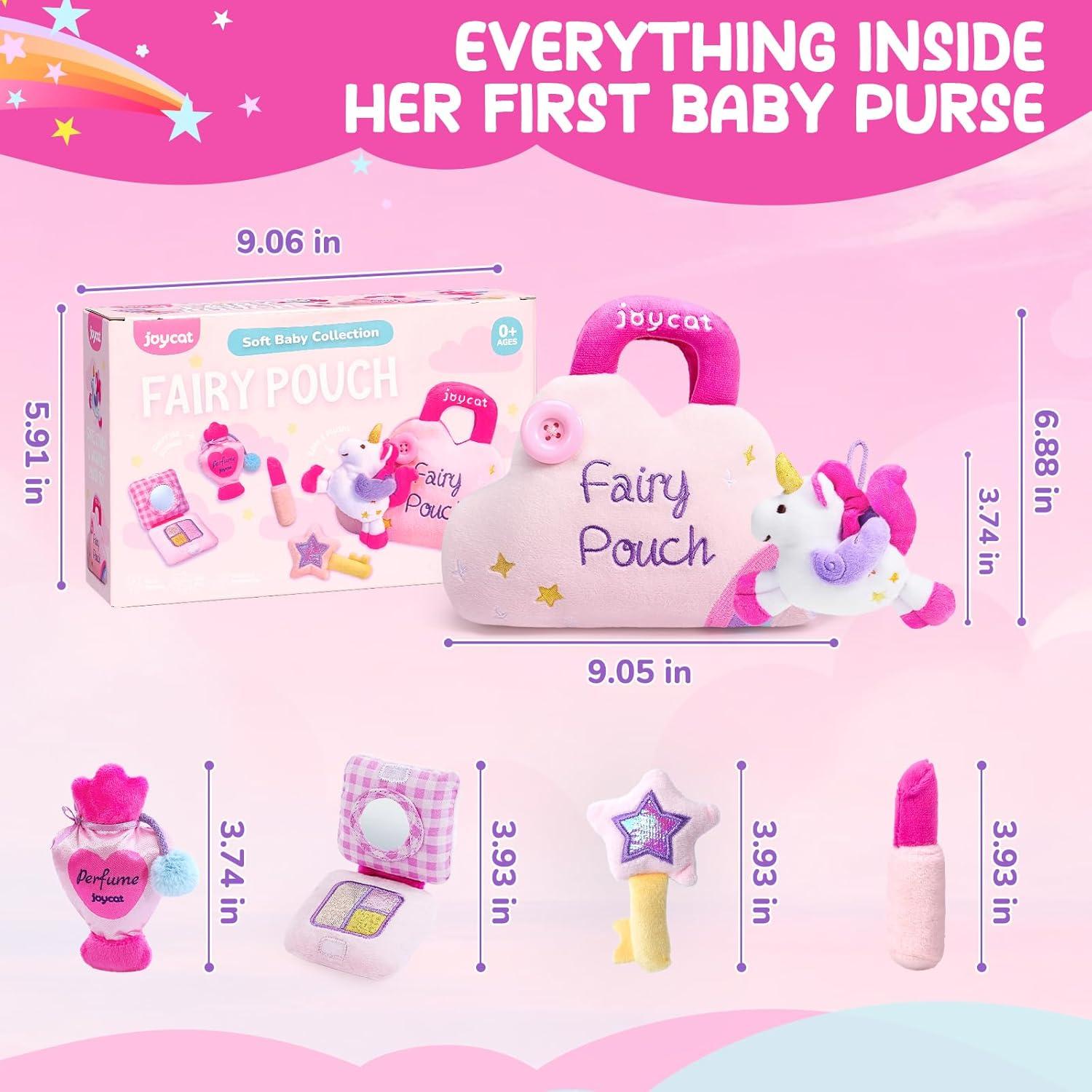 JoyCat My First Purse for Toddler Girls 1-3, 5 PCS Plush Unicorn Pretend Play Set with Lipstick, Perfume, Palette & Star Key, Soft Sensory Easter Basket Gifts for Girls