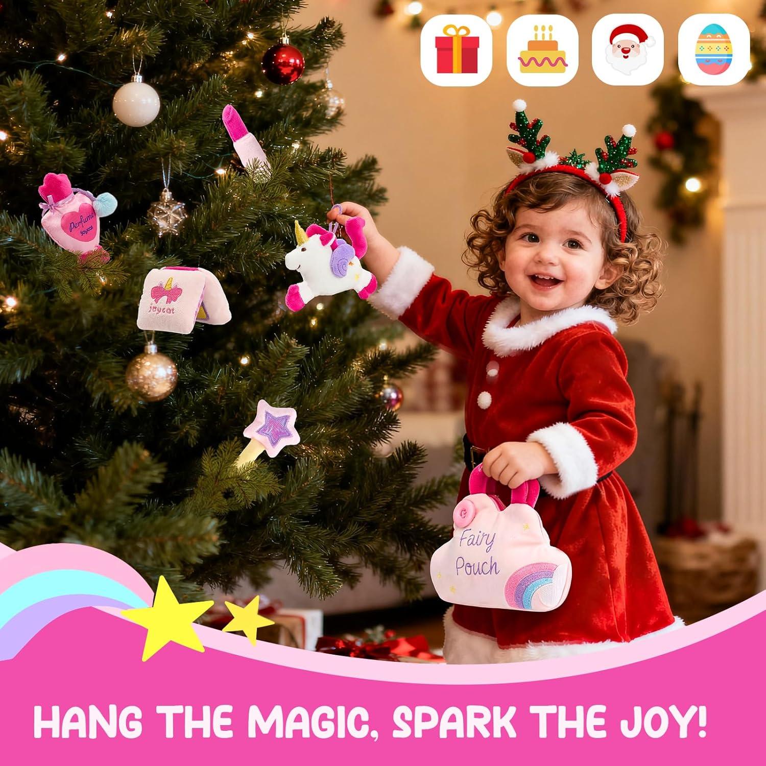 JoyCat My First Purse for Toddler Girls 1-3, 5 PCS Plush Unicorn Pretend Play Set with Lipstick, Perfume, Palette & Star Key, Soft Sensory Easter Basket Gifts for Girls