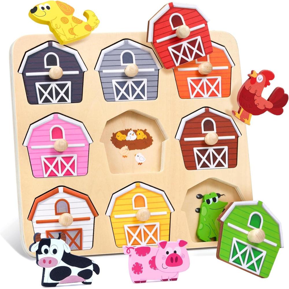 JoyCat Wooden Puzzles for Toddlers 1-3, Montessori Toys for 1 2 Year Old Boy Girl Birthday Easter Gifts, Animal Match Farm Peg Puzzles, Preschool Learning Toys for Toddlers Age 1-2(9 Farm Animals)