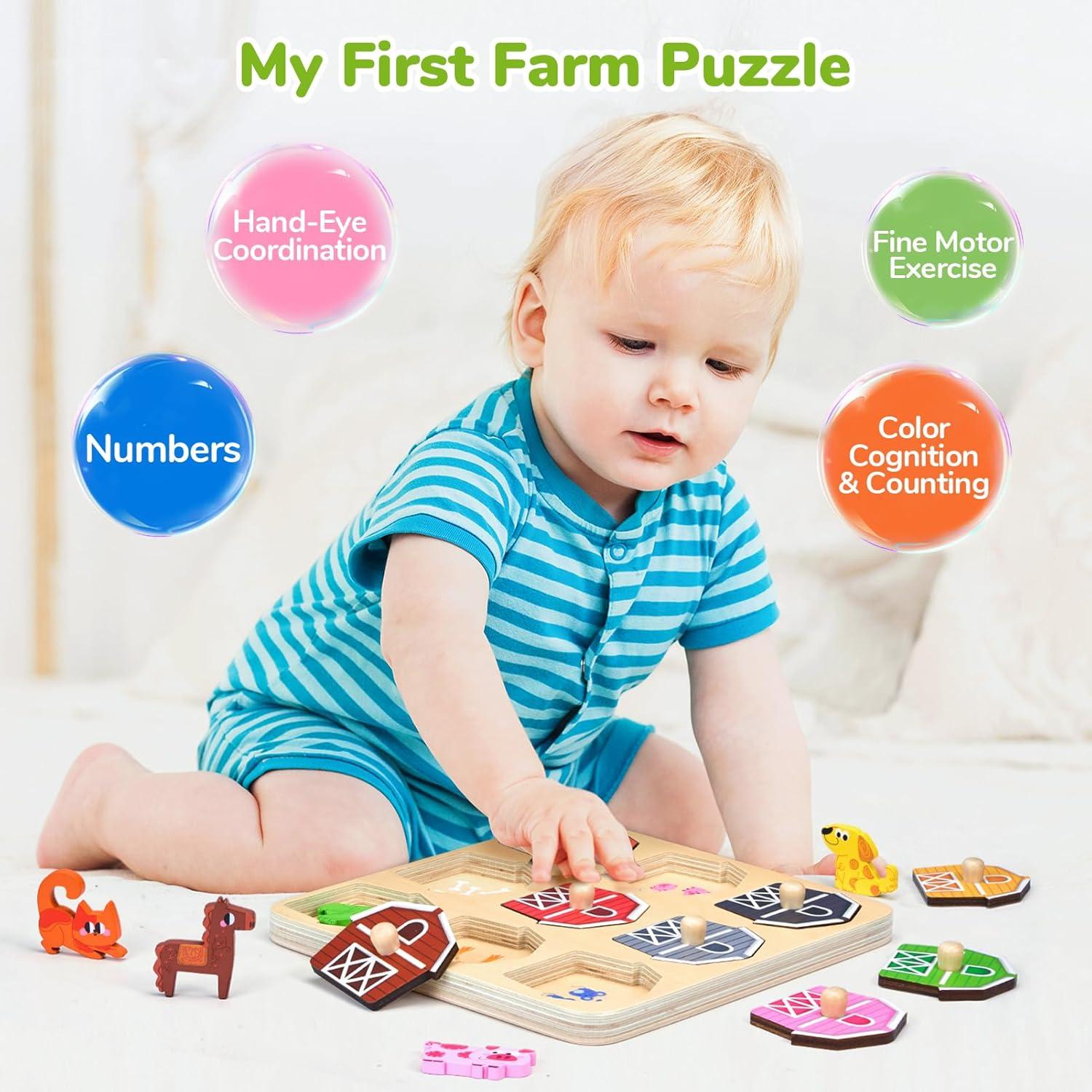 JoyCat Wooden Puzzles for Toddlers 1-3, Montessori Toys for 1 2 Year Old Boy Girl Birthday Easter Gifts, Animal Match Farm Peg Puzzles, Preschool Learning Toys for Toddlers Age 1-2(9 Farm Animals)