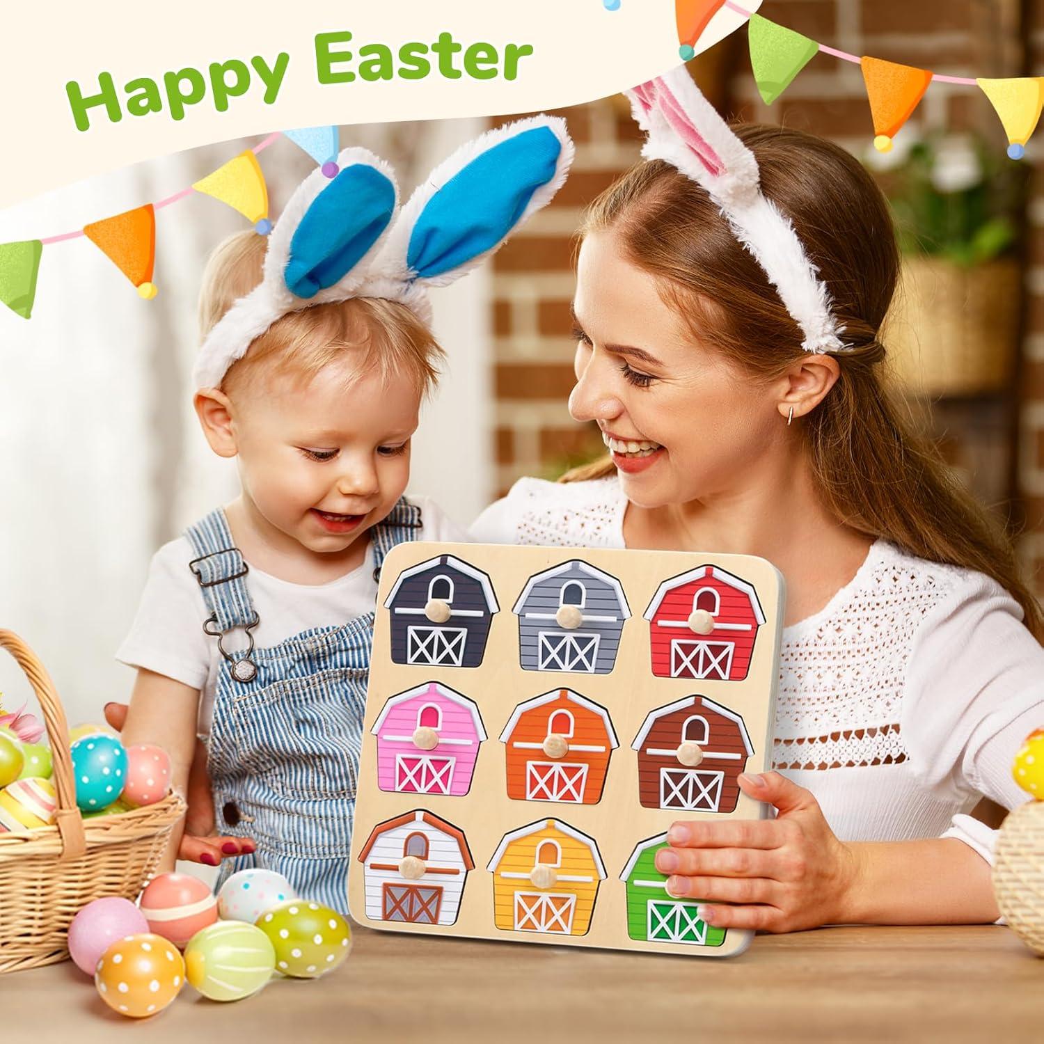 JoyCat Wooden Puzzles for Toddlers 1-3, Montessori Toys for 1 2 Year Old Boy Girl Birthday Easter Gifts, Animal Match Farm Peg Puzzles, Preschool Learning Toys for Toddlers Age 1-2(9 Farm Animals)