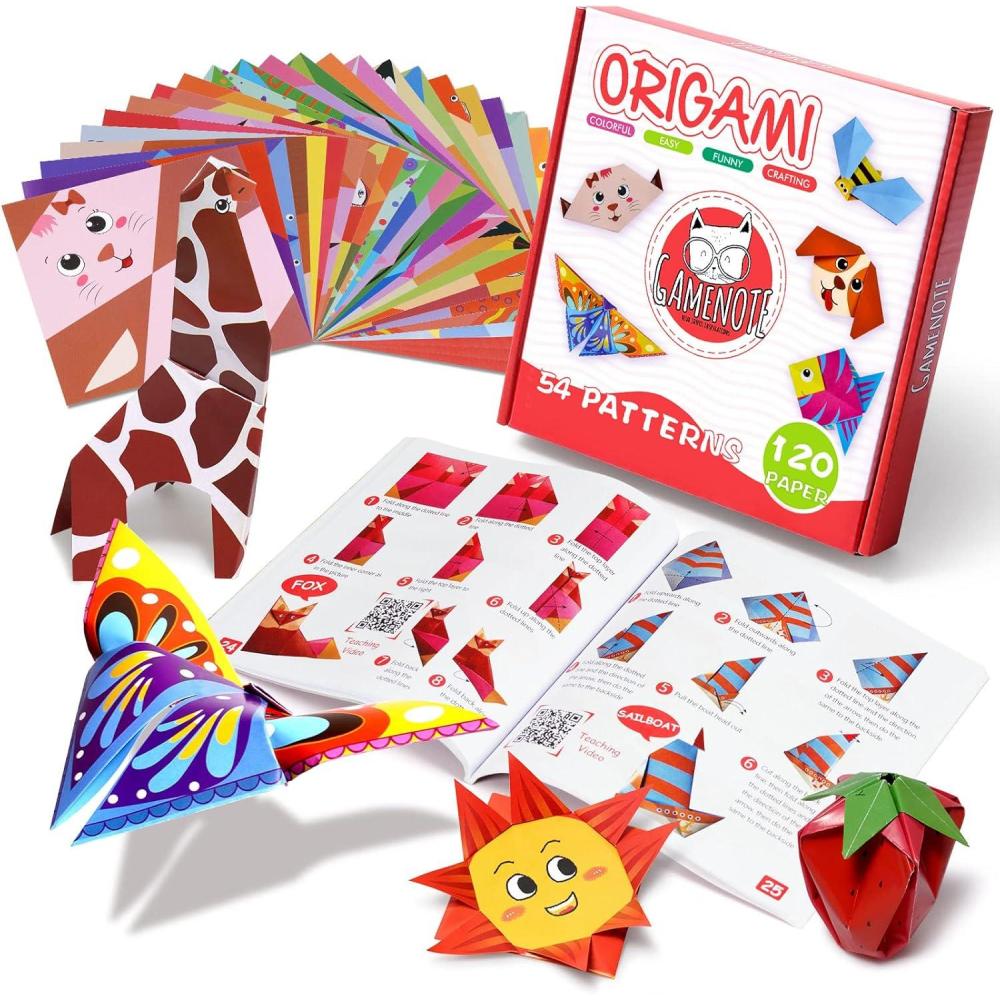 Gamenote Colorful Origami Kit for Kids 54 Projects 120 Double Sided Origami Paper 12 Sheets Practice Papers Instructional Origami Book Origami Gift for 4+ Girls Boys Adult Beginners Training Craft
