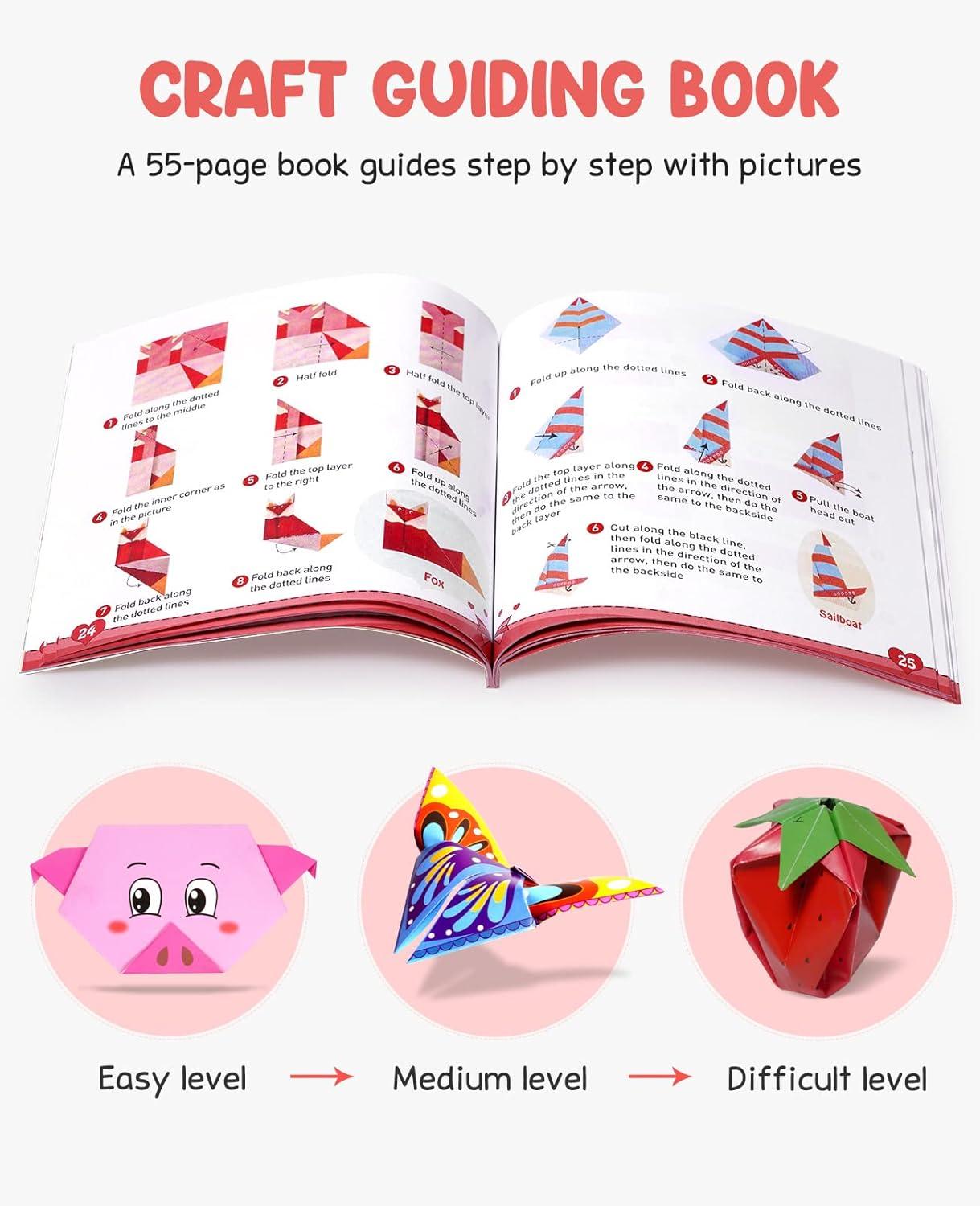 Gamenote Colorful Origami Kit for Kids 54 Projects 120 Double Sided Origami Paper 12 Sheets Practice Papers Instructional Origami Book Origami Gift for 4+ Girls Boys Adult Beginners Training Craft
