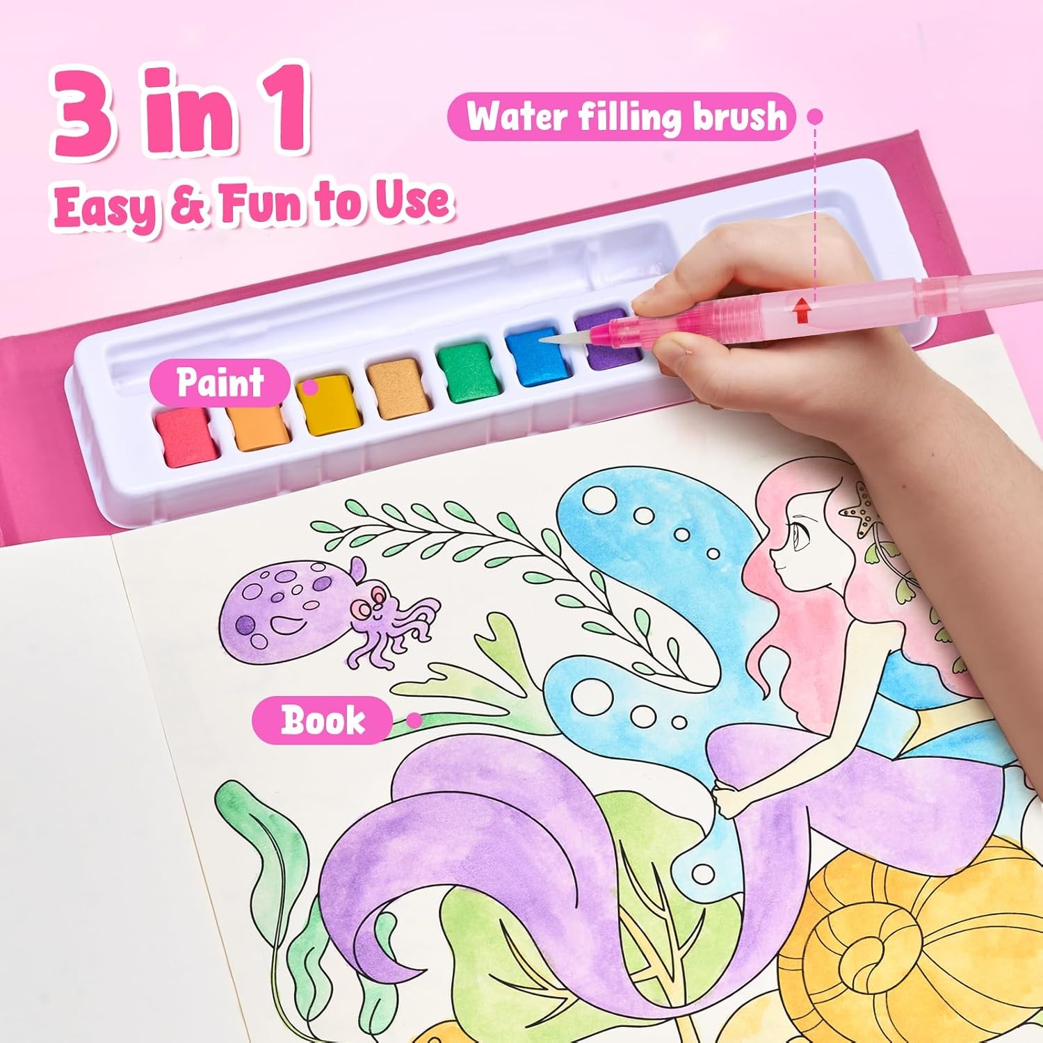 JoyCat Paint with Water Coloring Books & Shimmer Art (Bugs & Blossoms)(Ocean Princess)