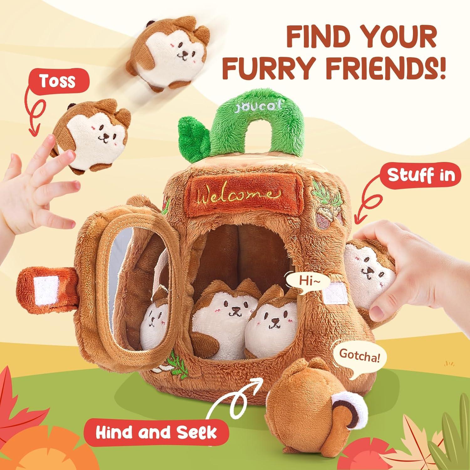JoyCat Baby Toys 6-12 Months – Soft Baby Beehive with 5 Sensory Bees – Rattle, Crinkle Paper, Squeaker, Mirror, Busy Montessori Soft Toys for Toddlers 0-3 Years Old – Baby Easter Basket Stuffers Gift(Brown Squirrels)