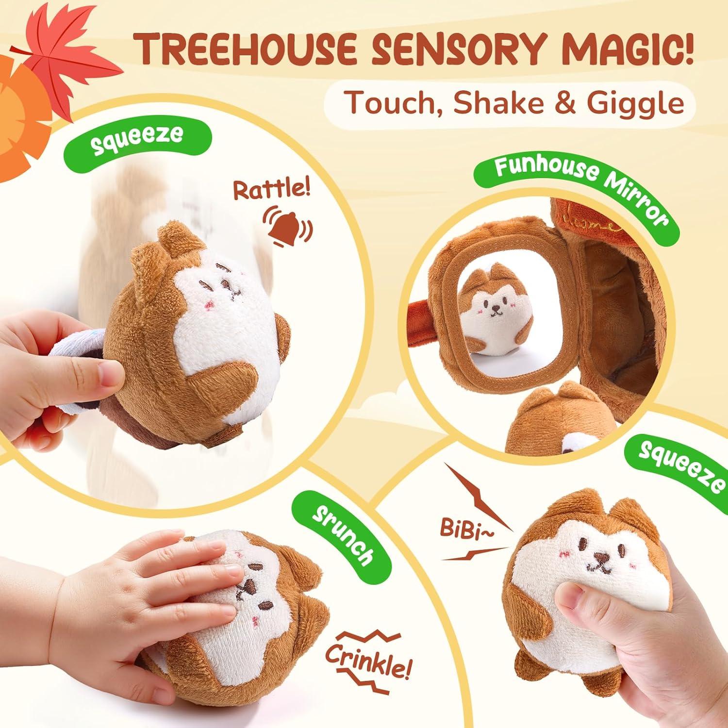 JoyCat Baby Toys 6-12 Months – Soft Baby Beehive with 5 Sensory Bees – Rattle, Crinkle Paper, Squeaker, Mirror, Busy Montessori Soft Toys for Toddlers 0-3 Years Old – Baby Easter Basket Stuffers Gift(Brown Squirrels)