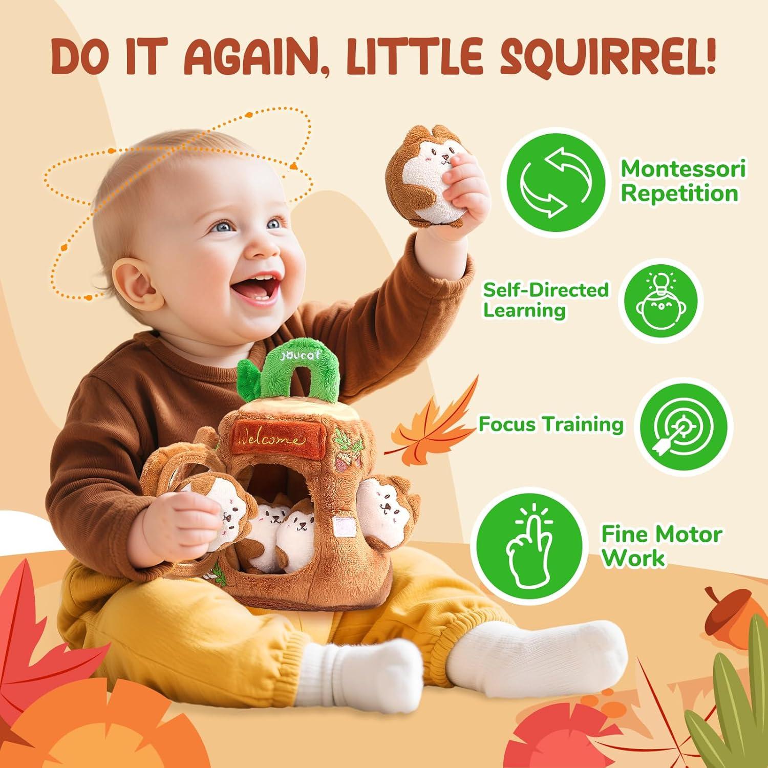 JoyCat Baby Toys 6-12 Months – Soft Baby Beehive with 5 Sensory Bees – Rattle, Crinkle Paper, Squeaker, Mirror, Busy Montessori Soft Toys for Toddlers 0-3 Years Old – Baby Easter Basket Stuffers Gift(Brown Squirrels)