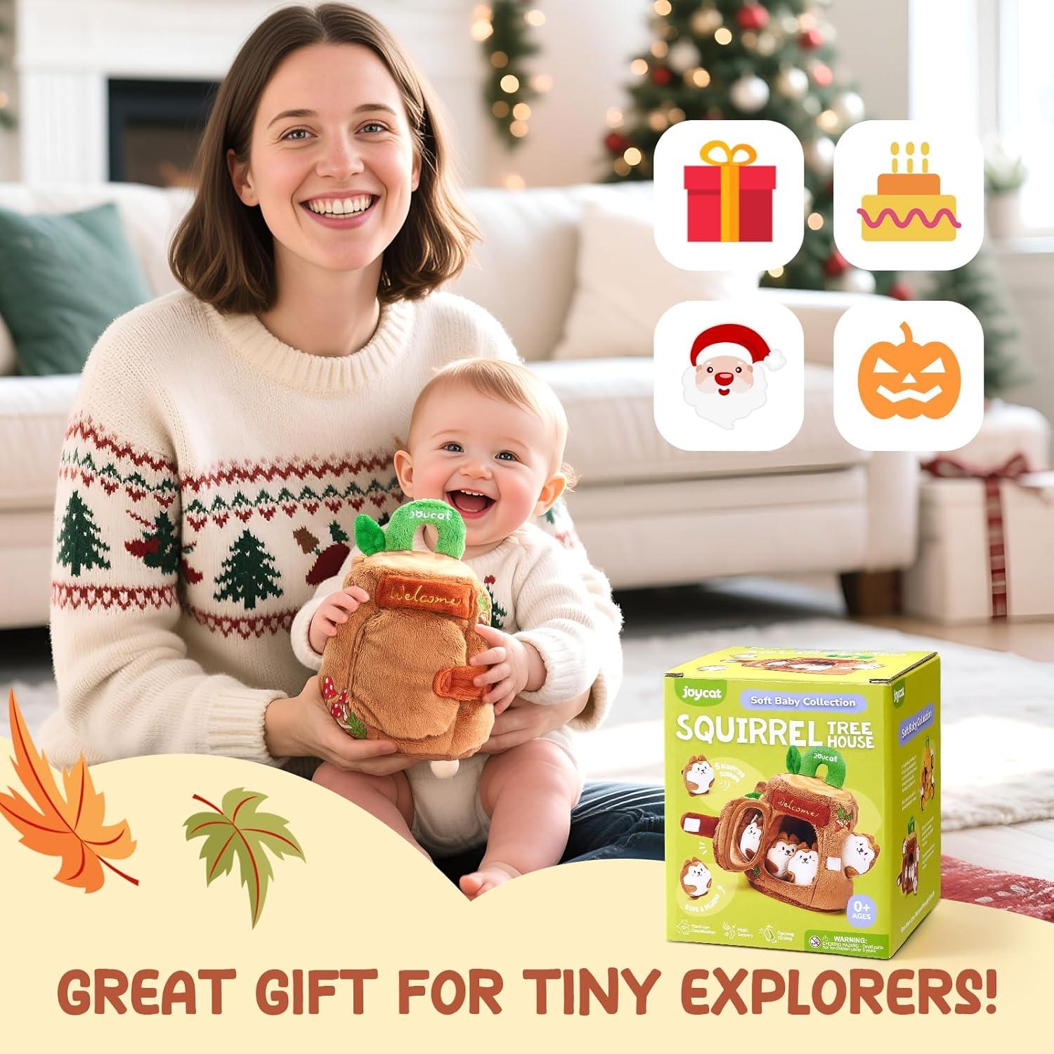 JoyCat Baby Toys 6-12 Months – Soft Baby Beehive with 5 Sensory Bees – Rattle, Crinkle Paper, Squeaker, Mirror, Busy Montessori Soft Toys for Toddlers 0-3 Years Old – Baby Easter Basket Stuffers Gift(Brown Squirrels)