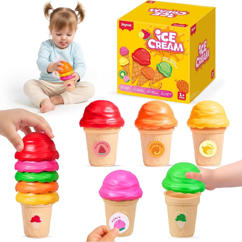 JoyCat Ice Cream Toy Set for Toddlers 1-5, Color Sorting & Stacking Toys, Pretend Play Food for Boy Girls Kids, Educational Fine Motor Skills Gift, Easter Basket Stuffers (7 Cones 7 Scoops 1 Bucket)(5 Cones 5 Scoops)
