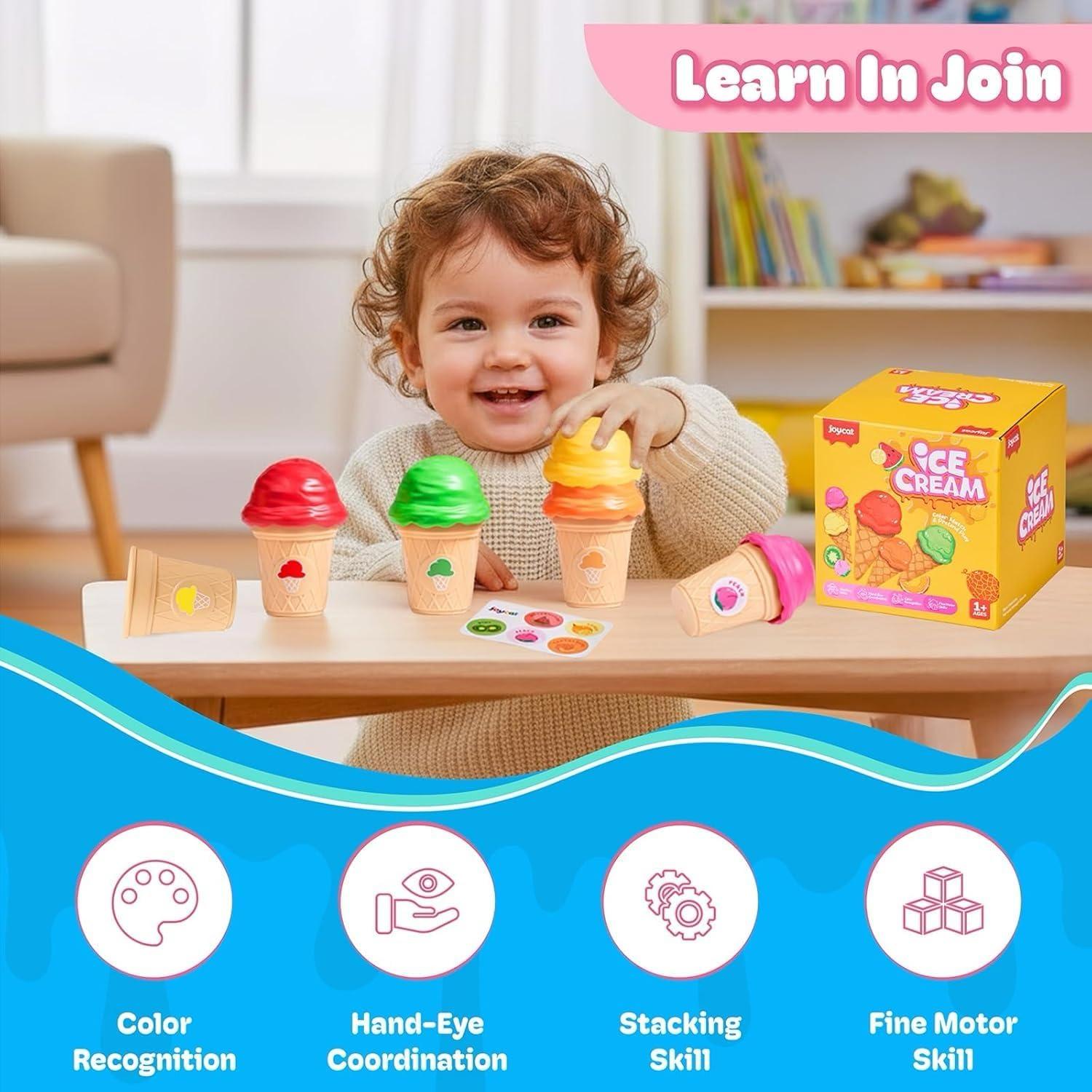 JoyCat Ice Cream Toy Set for Toddlers 1-5, Color Sorting & Stacking Toys, Pretend Play Food for Boy Girls Kids, Educational Fine Motor Skills Gift, Easter Basket Stuffers (7 Cones 7 Scoops 1 Bucket)(5 Cones 5 Scoops)
