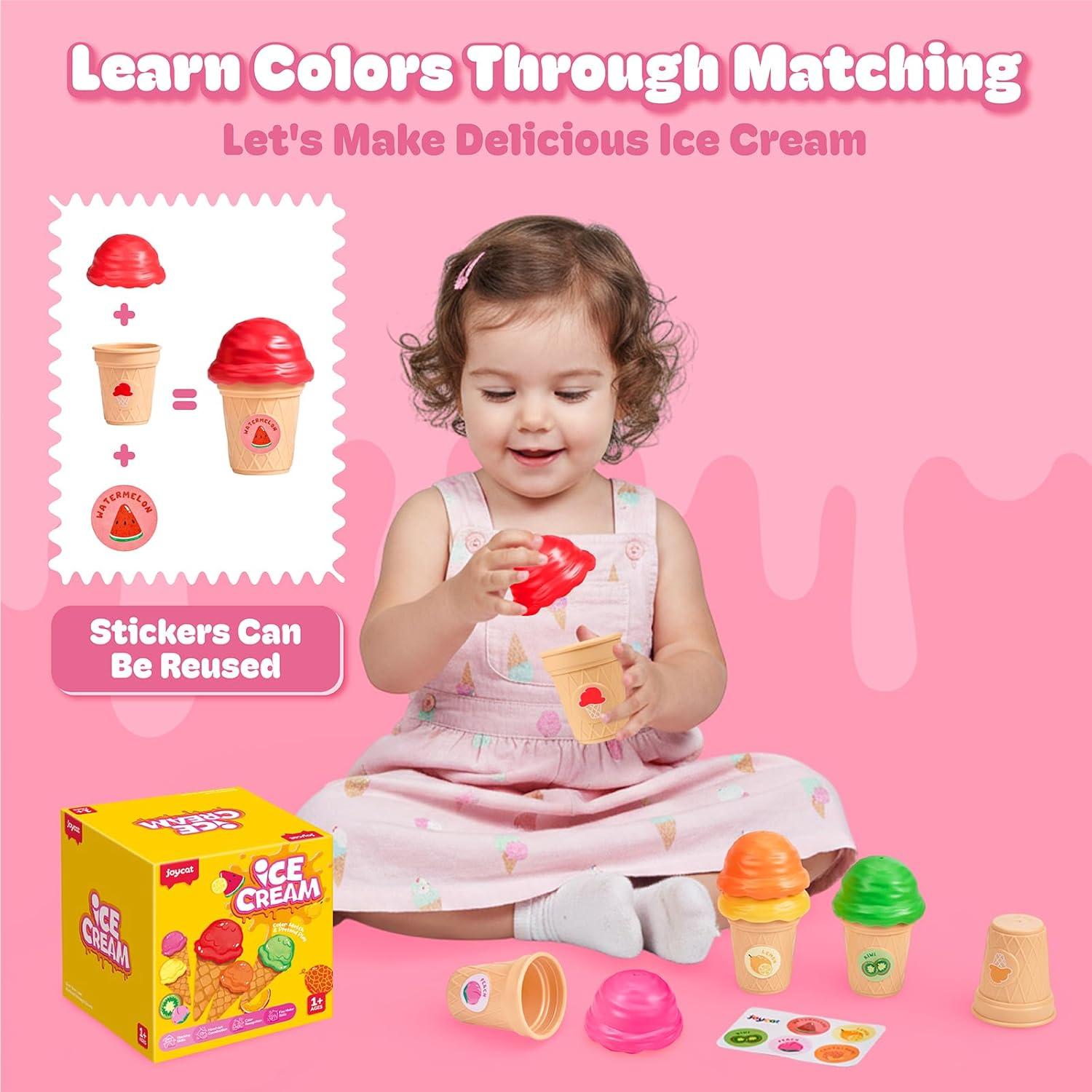 JoyCat Ice Cream Toy Set for Toddlers 1-5, Color Sorting & Stacking Toys, Pretend Play Food for Boy Girls Kids, Educational Fine Motor Skills Gift, Easter Basket Stuffers (7 Cones 7 Scoops 1 Bucket)(5 Cones 5 Scoops)
