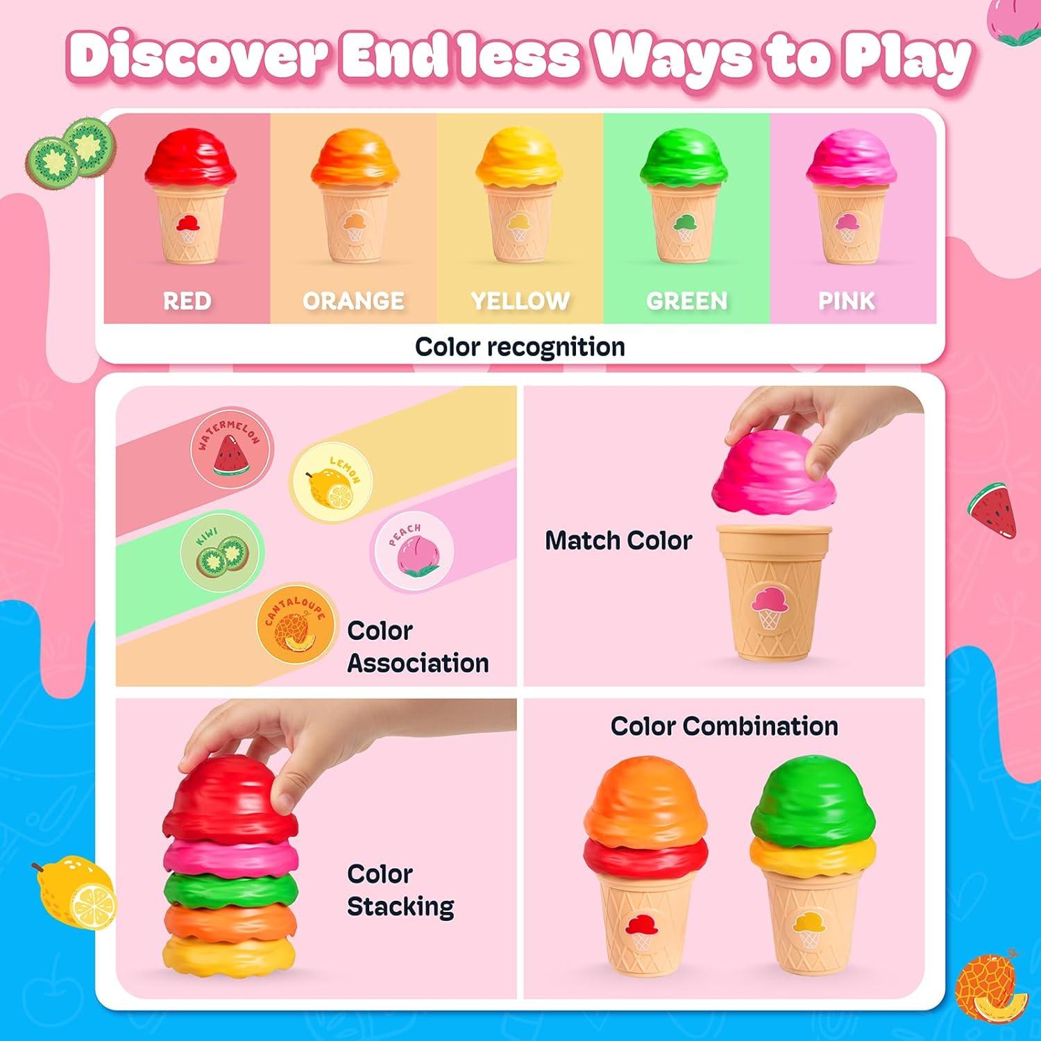 JoyCat Ice Cream Toy Set for Toddlers 1-5, Color Sorting & Stacking Toys, Pretend Play Food for Boy Girls Kids, Educational Fine Motor Skills Gift, Easter Basket Stuffers (7 Cones 7 Scoops 1 Bucket)(5 Cones 5 Scoops)