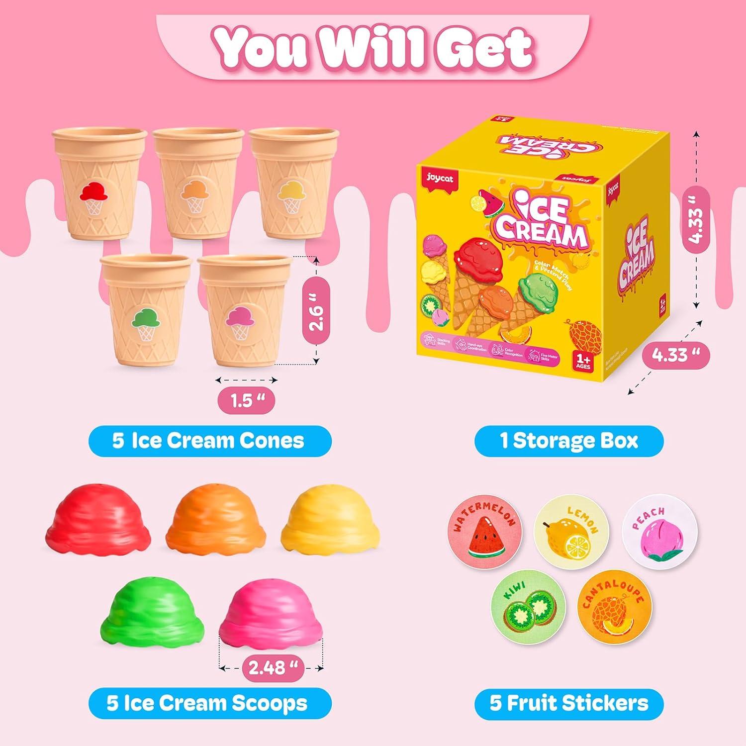 JoyCat Ice Cream Toy Set for Toddlers 1-5, Color Sorting & Stacking Toys, Pretend Play Food for Boy Girls Kids, Educational Fine Motor Skills Gift, Easter Basket Stuffers (7 Cones 7 Scoops 1 Bucket)(5 Cones 5 Scoops)