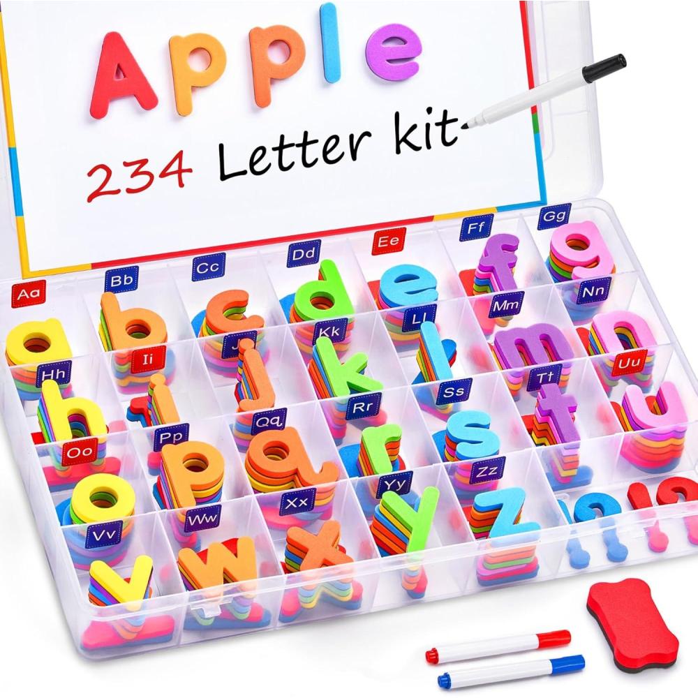 JoyCat Classroom Magnetic Letters Kit Colorful 234 Pcs with Double-Sided Magnet Board – Foam Alphabet Letters for Preschool Kids Toddler Spelling and Learning – Fridge Magnets ABC Education Toys