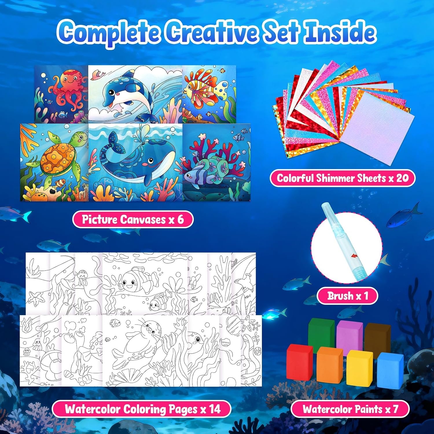JoyCat Paint with Water Coloring Books & Shimmer Art (Bugs & Blossoms)(Sea Animals)