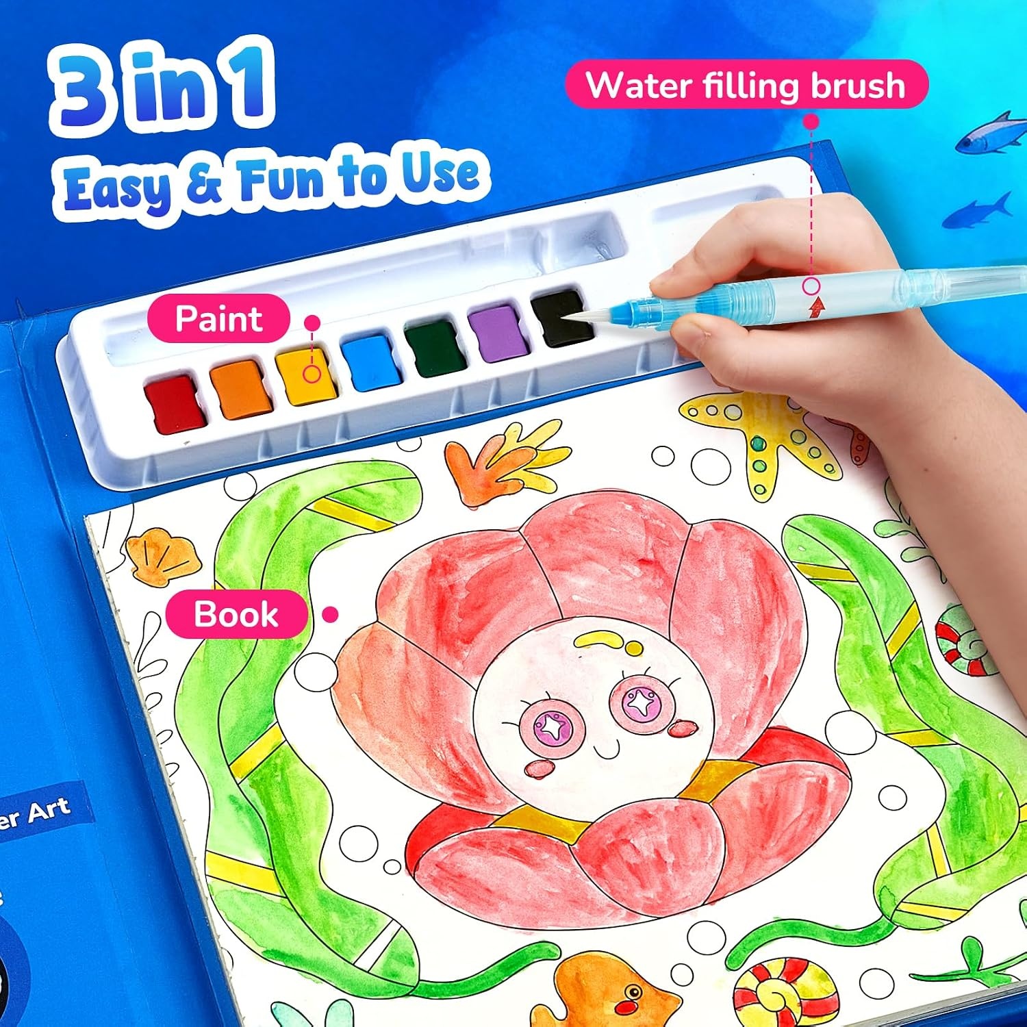 JoyCat Paint with Water Coloring Books & Shimmer Art (Bugs & Blossoms)(Sea Animals)