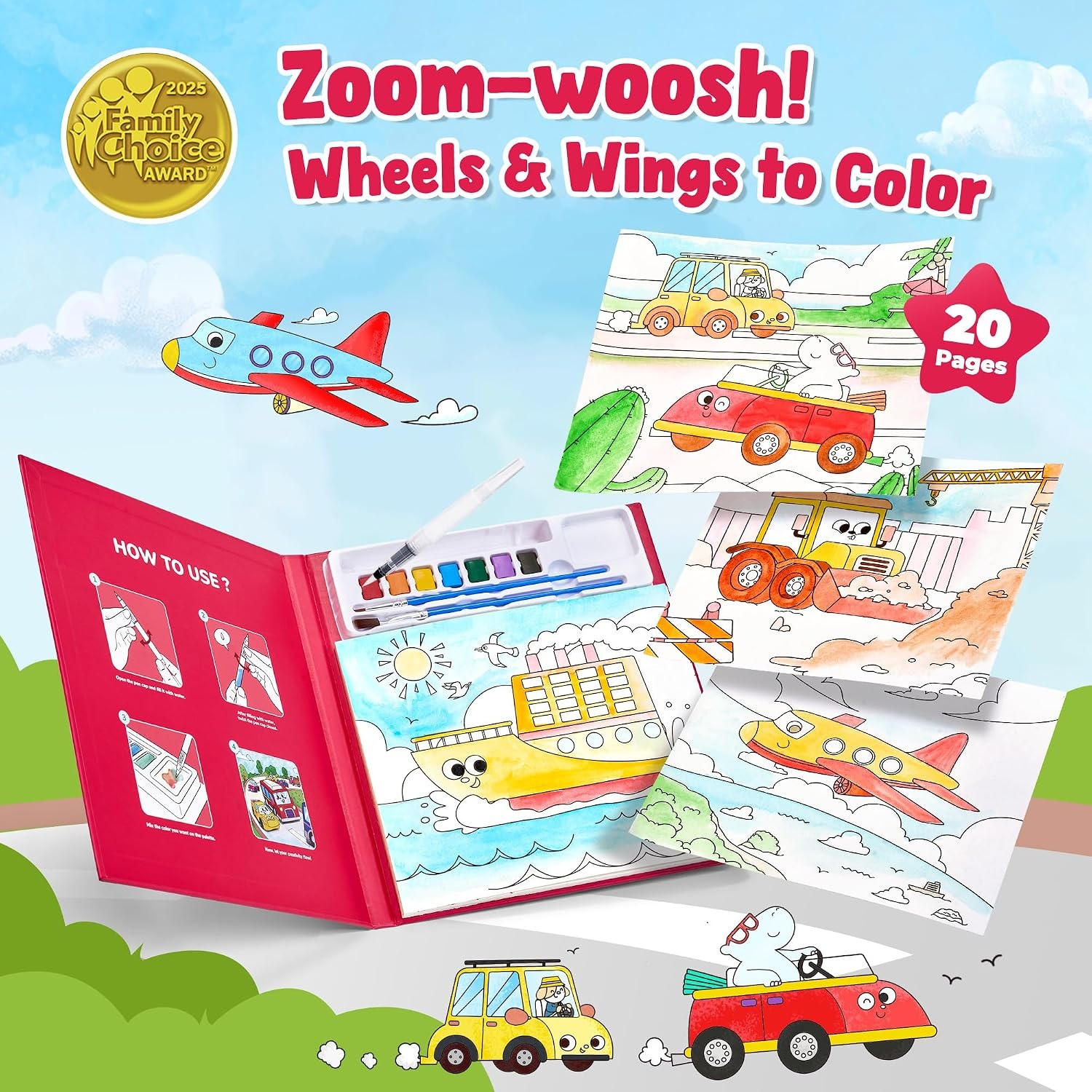 JoyCat Paint with Water Coloring Books for Toddlers (Bugs & Blossoms)(Transportation)