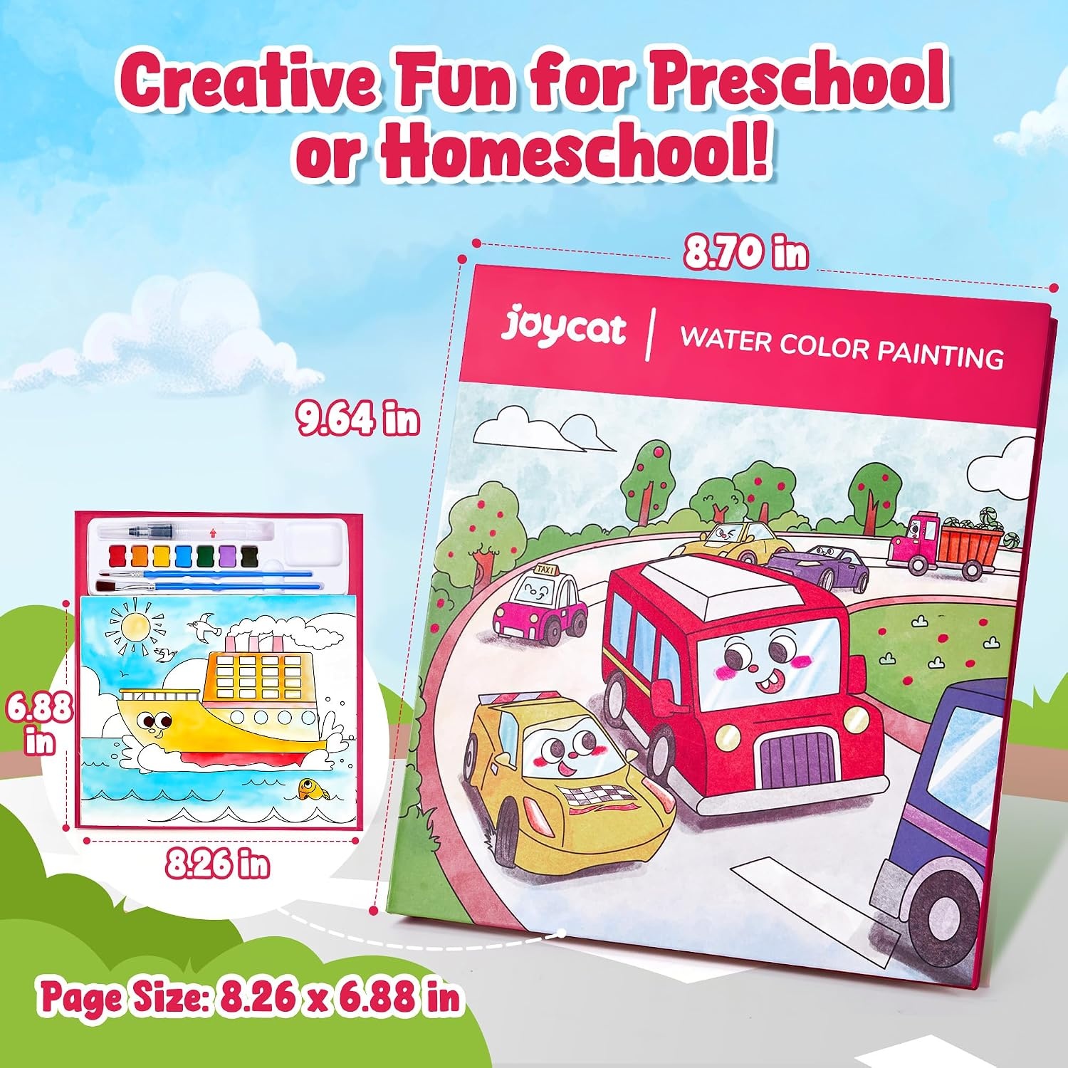 JoyCat Paint with Water Coloring Books for Toddlers (Bugs & Blossoms)(Transportation)