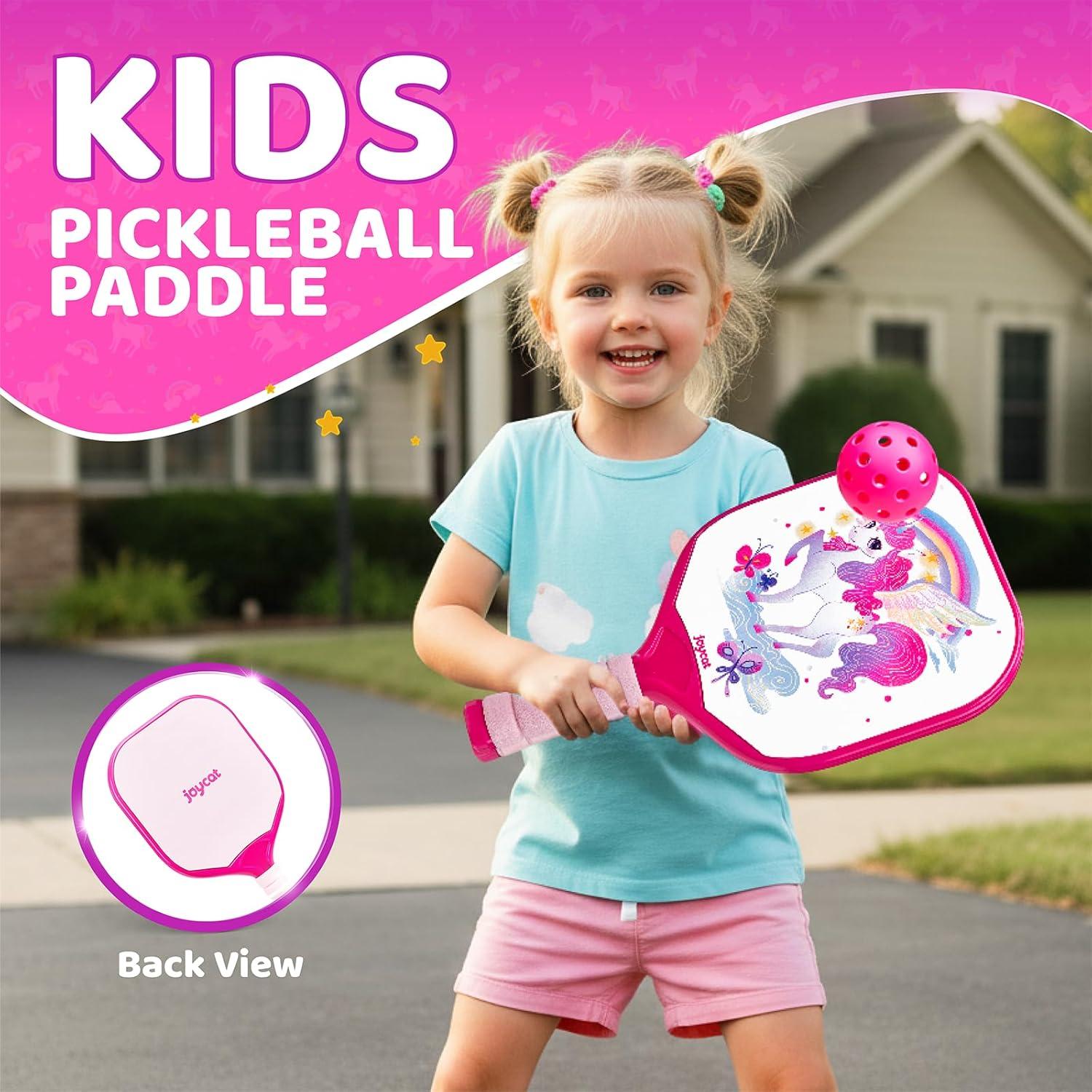 Joycat Kids Pickleball Paddles Set of 2, Lightweight Plastic Cute Pickleball Paddles with Small Grip, 2 Pickleballs, 1 Drawstring Bag,Indoor Outdoor Sport Gift for Kids,Beginner(Unicorn)