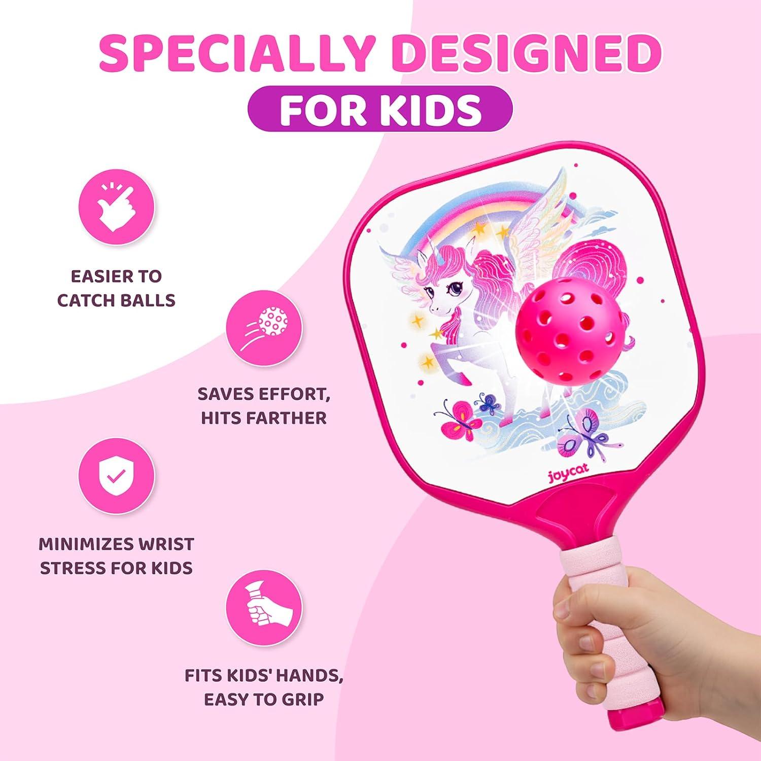 Joycat Kids Pickleball Paddles Set of 2, Lightweight Plastic Cute Pickleball Paddles with Small Grip, 2 Pickleballs, 1 Drawstring Bag,Indoor Outdoor Sport Gift for Kids,Beginner(Unicorn)