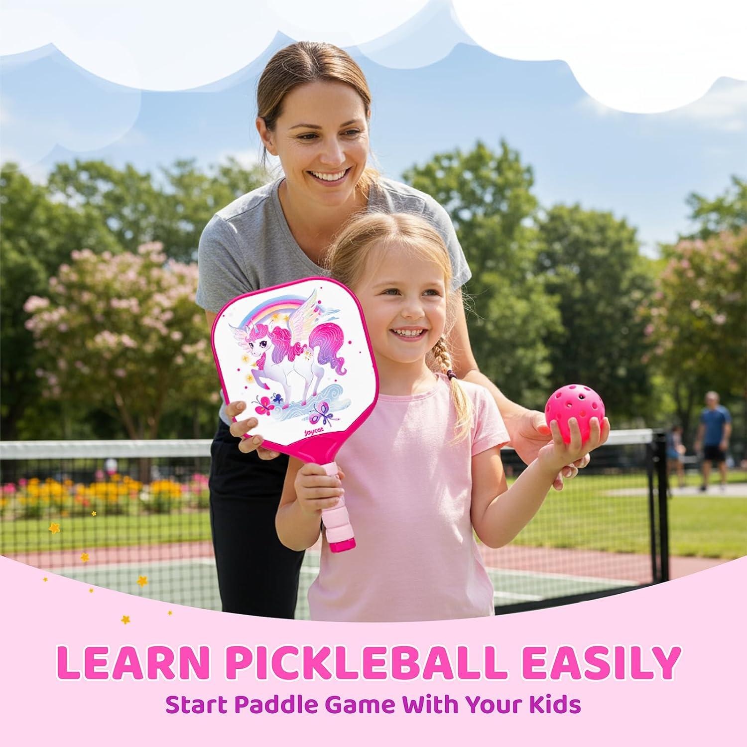 Joycat Kids Pickleball Paddles Set of 2, Lightweight Plastic Cute Pickleball Paddles with Small Grip, 2 Pickleballs, 1 Drawstring Bag,Indoor Outdoor Sport Gift for Kids,Beginner(Unicorn)