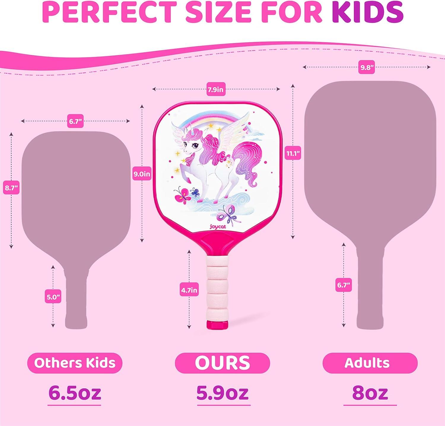 Joycat Kids Pickleball Paddles Set of 2, Lightweight Plastic Cute Pickleball Paddles with Small Grip, 2 Pickleballs, 1 Drawstring Bag,Indoor Outdoor Sport Gift for Kids,Beginner(Unicorn)