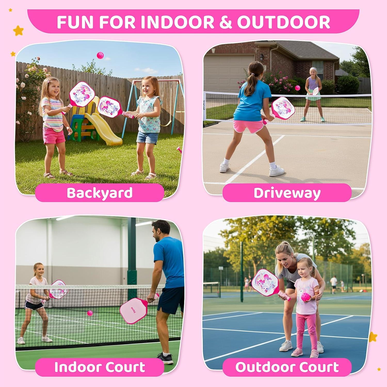 Joycat Kids Pickleball Paddles Set of 2, Lightweight Plastic Cute Pickleball Paddles with Small Grip, 2 Pickleballs, 1 Drawstring Bag,Indoor Outdoor Sport Gift for Kids,Beginner(Unicorn)