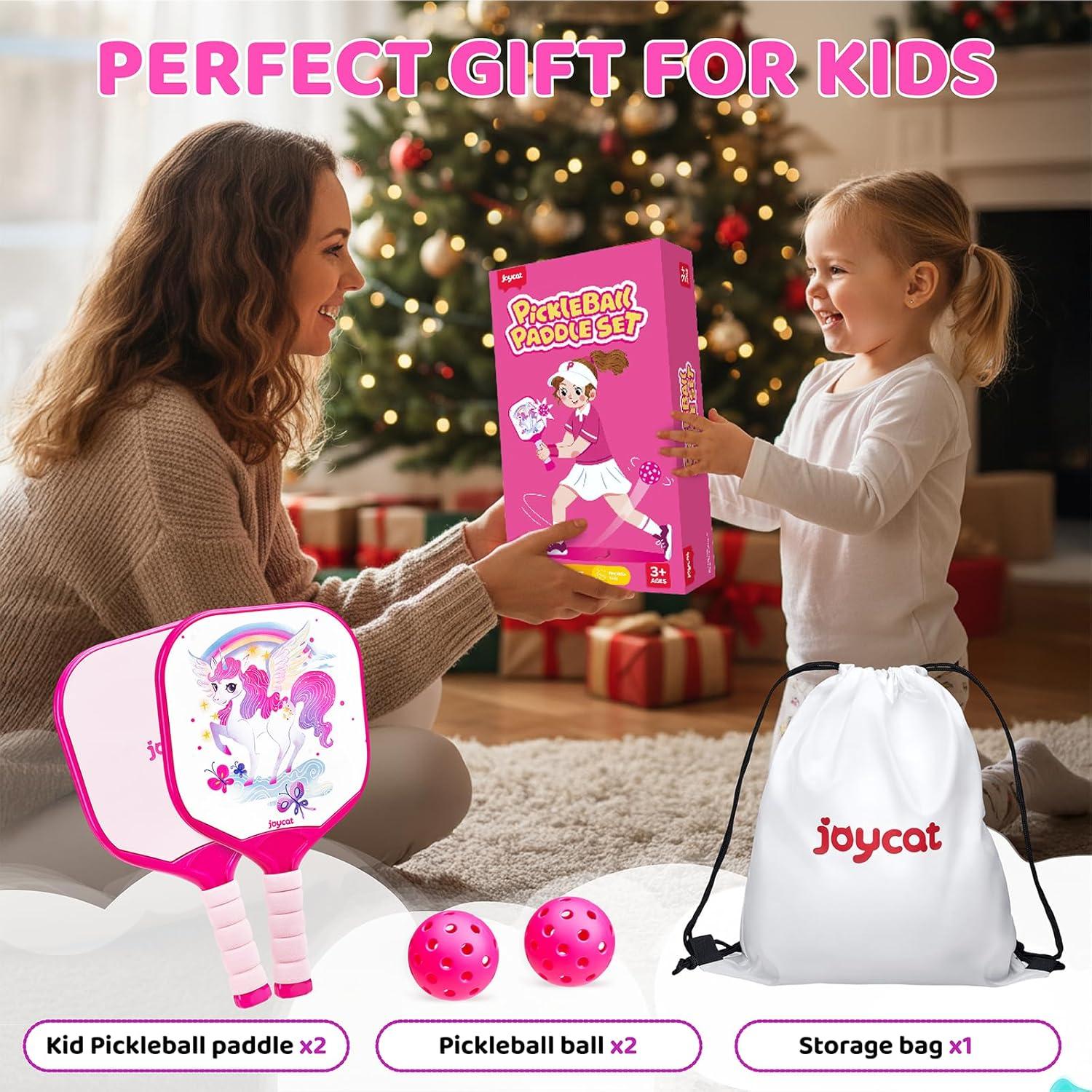 Joycat Kids Pickleball Paddles Set of 2, Lightweight Plastic Cute Pickleball Paddles with Small Grip, 2 Pickleballs, 1 Drawstring Bag,Indoor Outdoor Sport Gift for Kids,Beginner(Unicorn)
